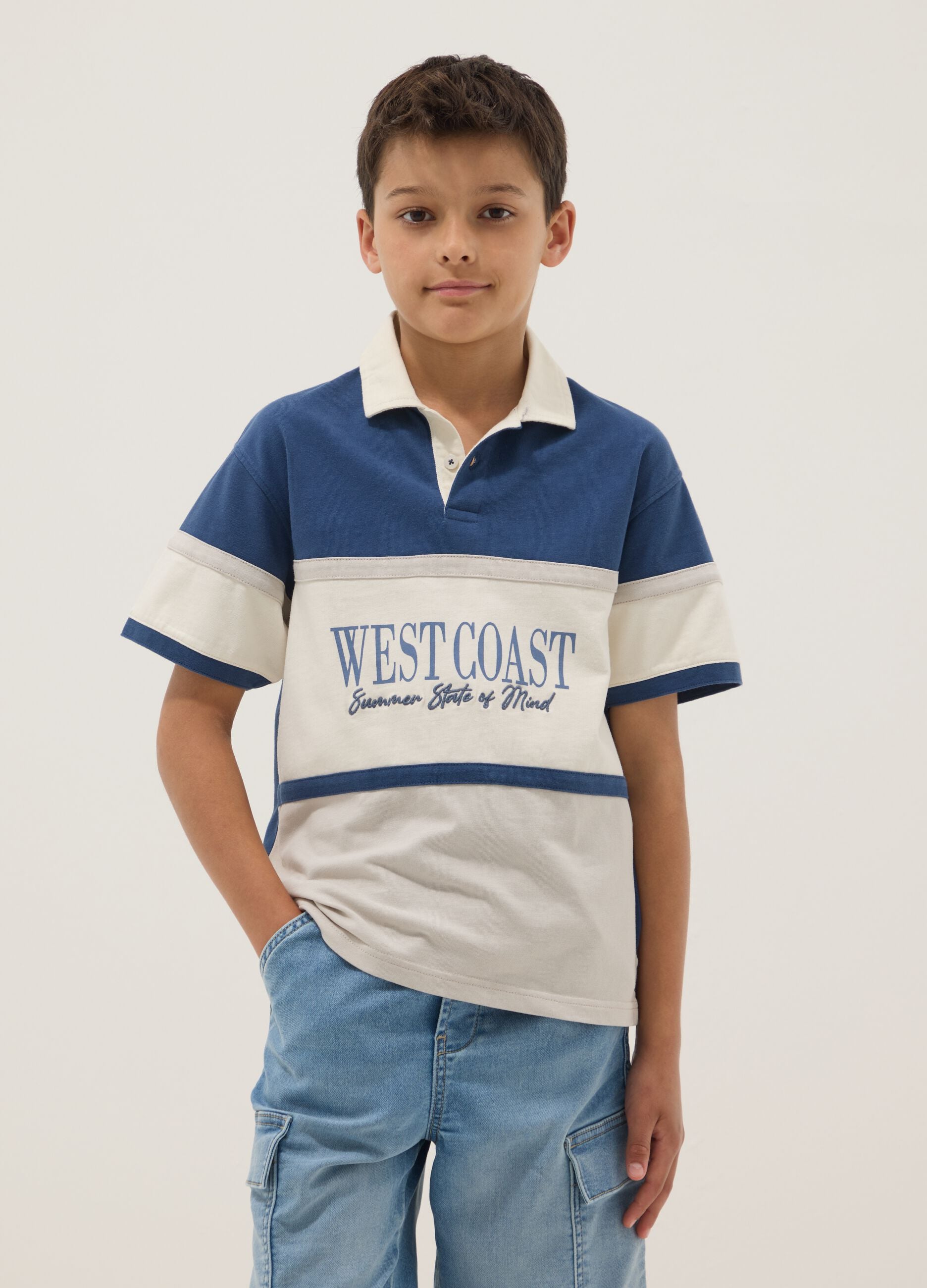 Blue pure cotton short-sleeve polo shirt