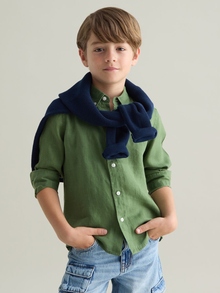 Green linen shirt with logo embroidery_0