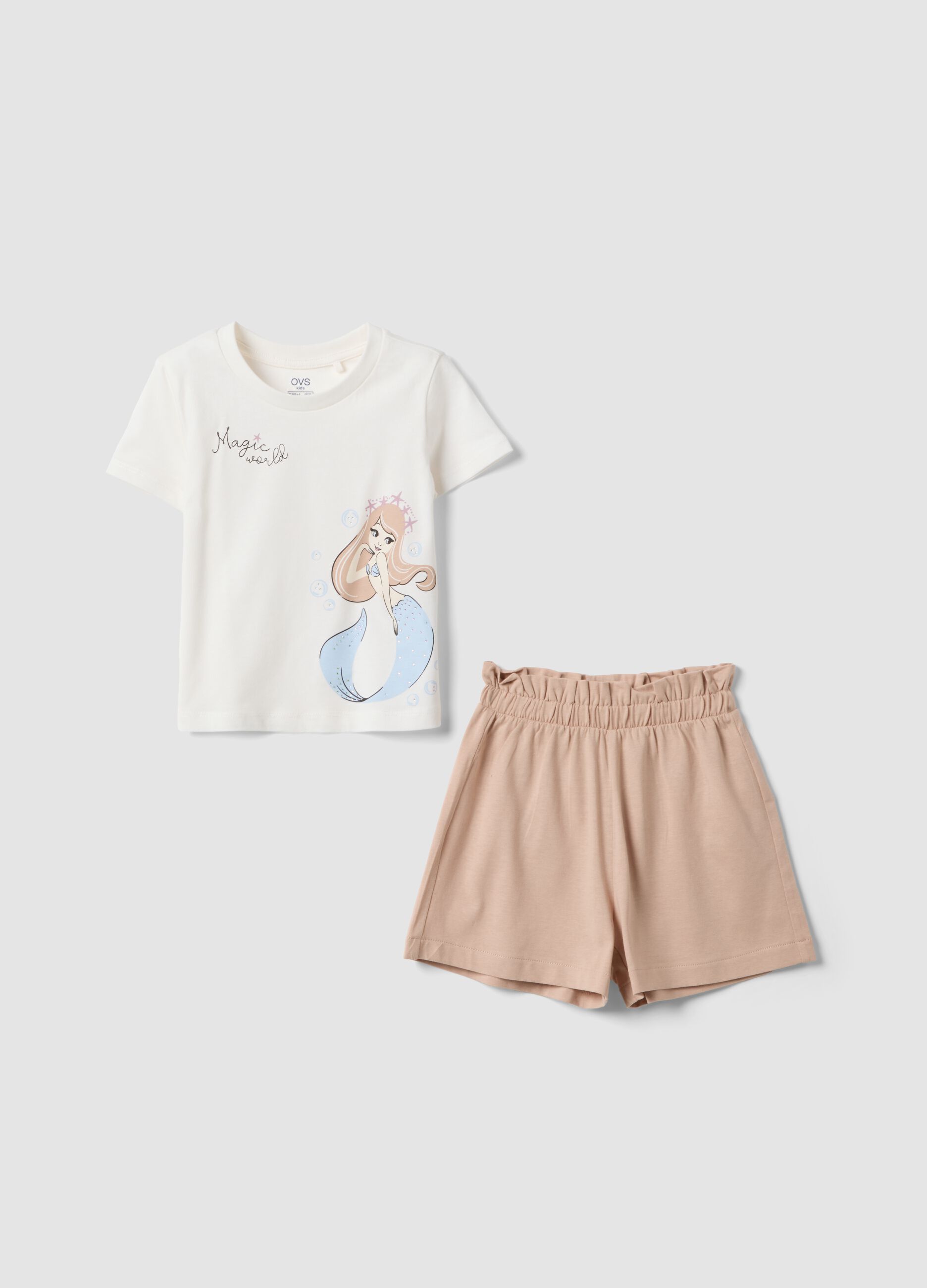 White and pink pure cotton set with T-shirt and shorts
