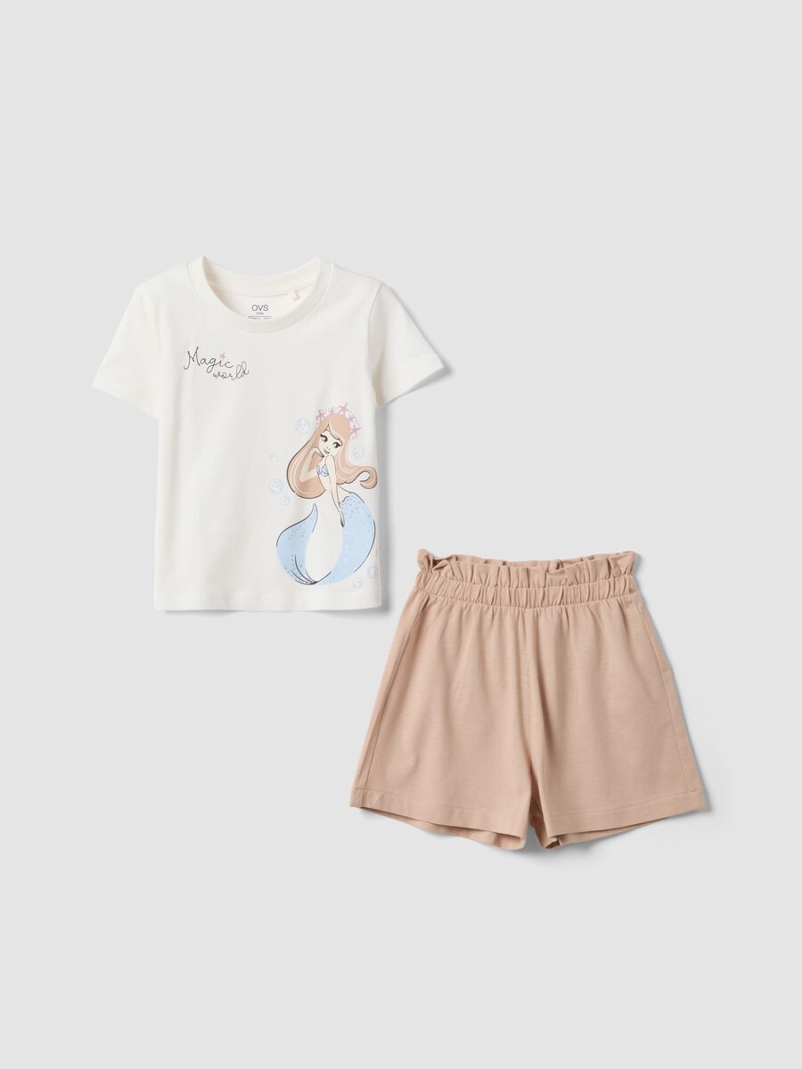 Set t-shirt shorts bianco e rosa in puro cotone da bambina con sirena_0