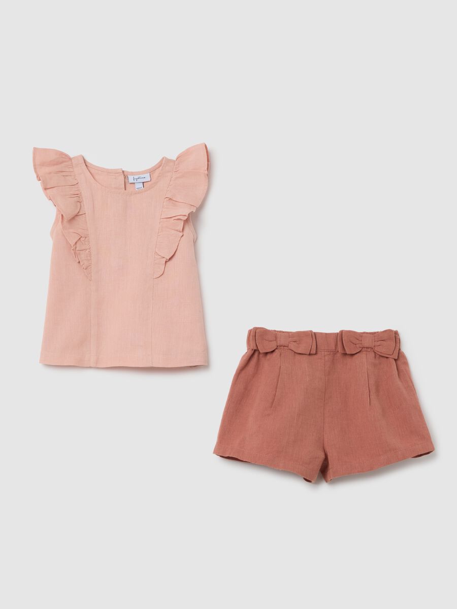 Summer set with cotton and linen ruffles for girls_0