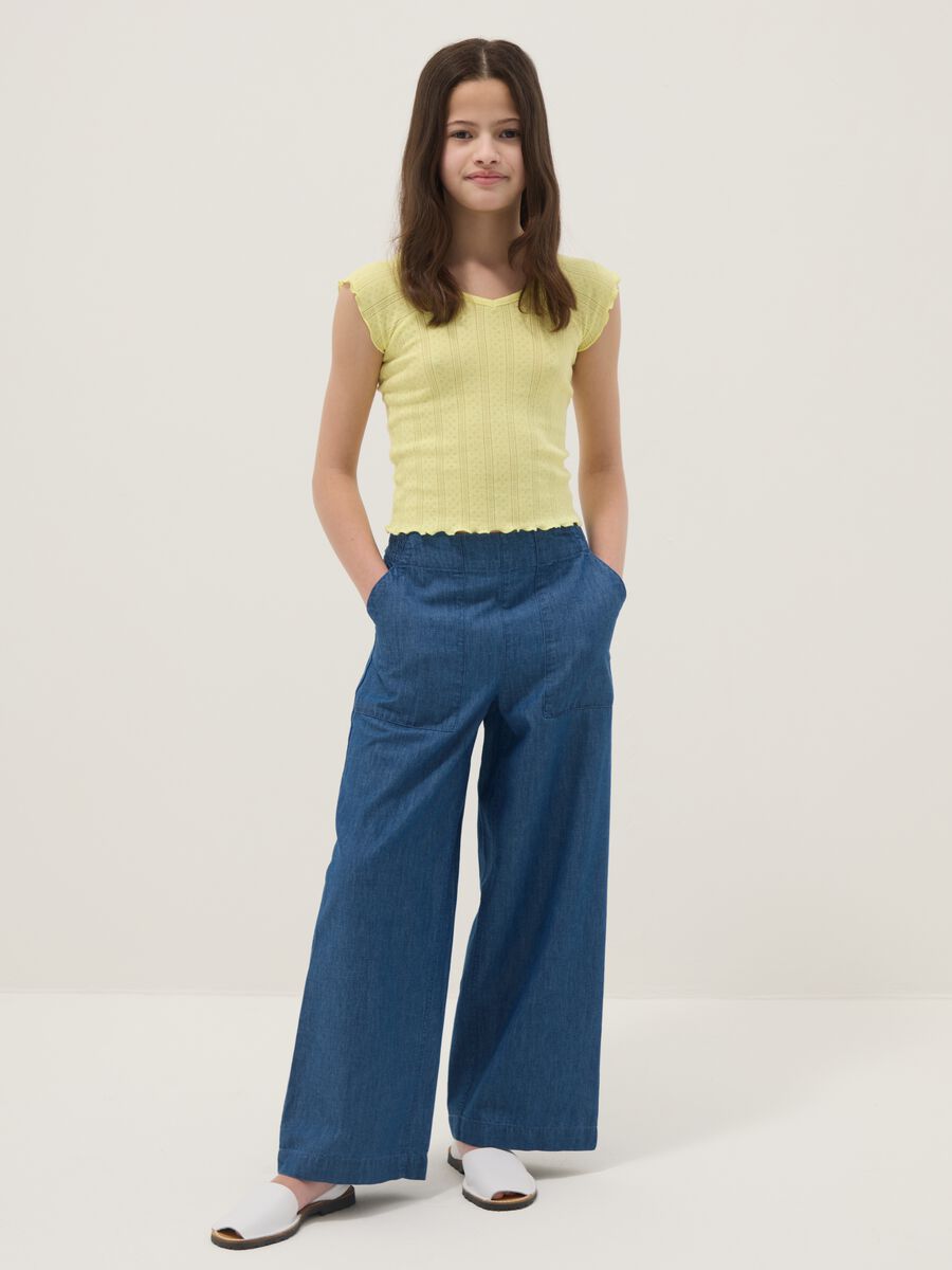 Pantaloni in puro cotone denim blu da ragazza wide leg_0