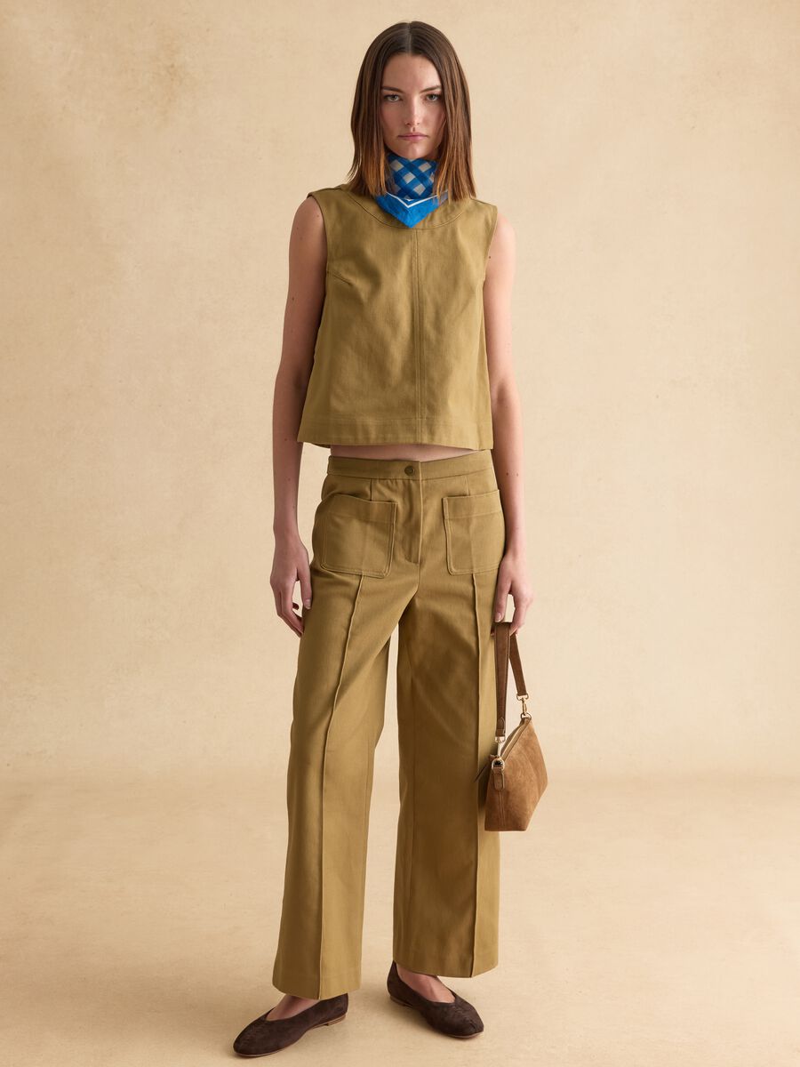 Brown Denim Sleeveless Blazer in Pure Cotton Regular Fit_2