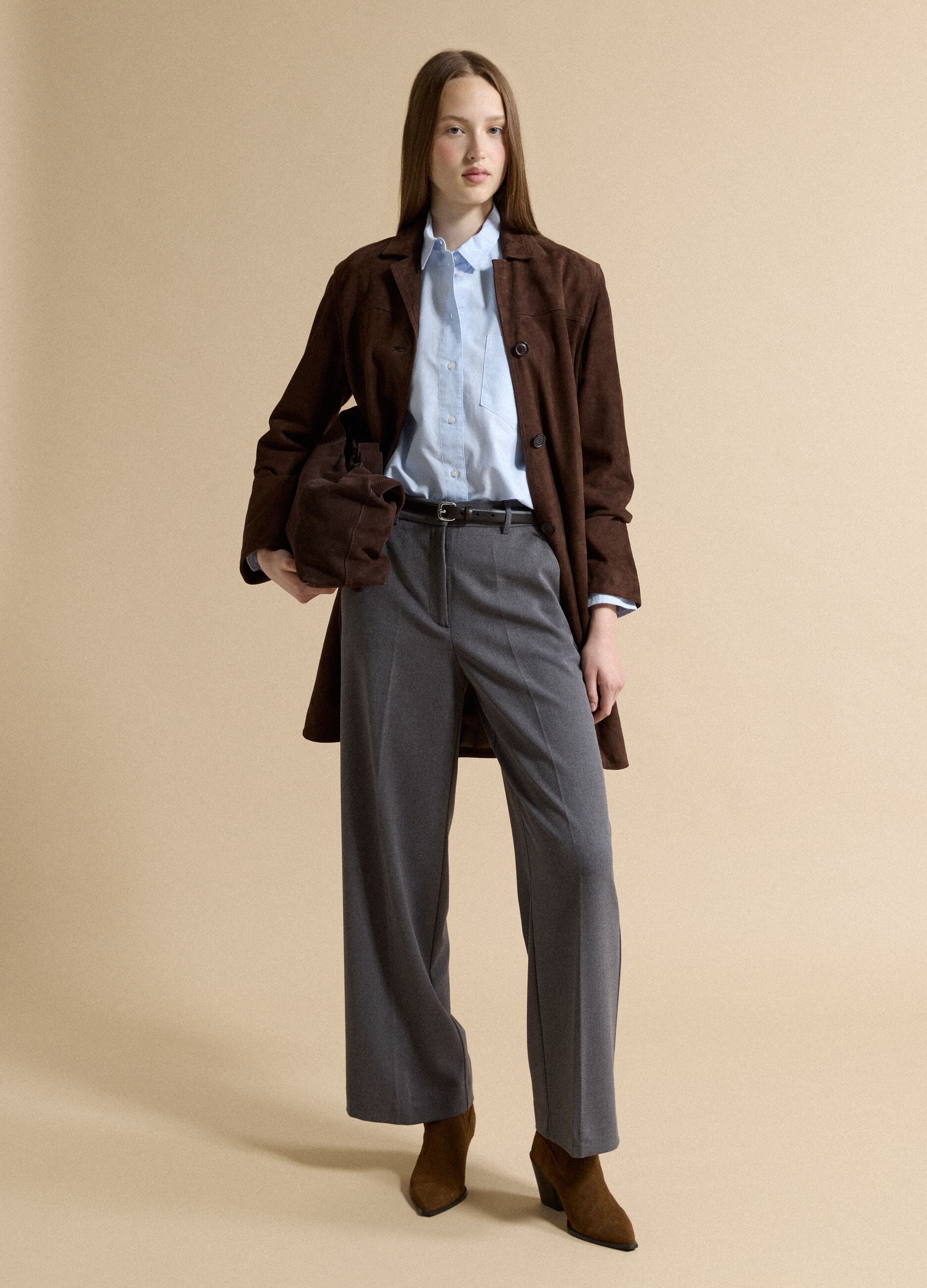 Grey flared formal trousers in stretch viscose