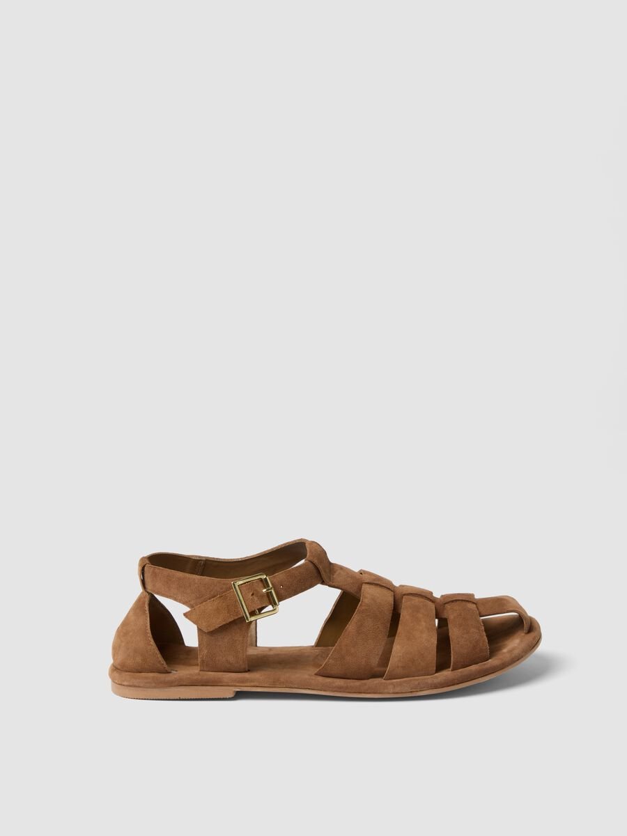 Brown flat genuine leather sandals with buckle_0