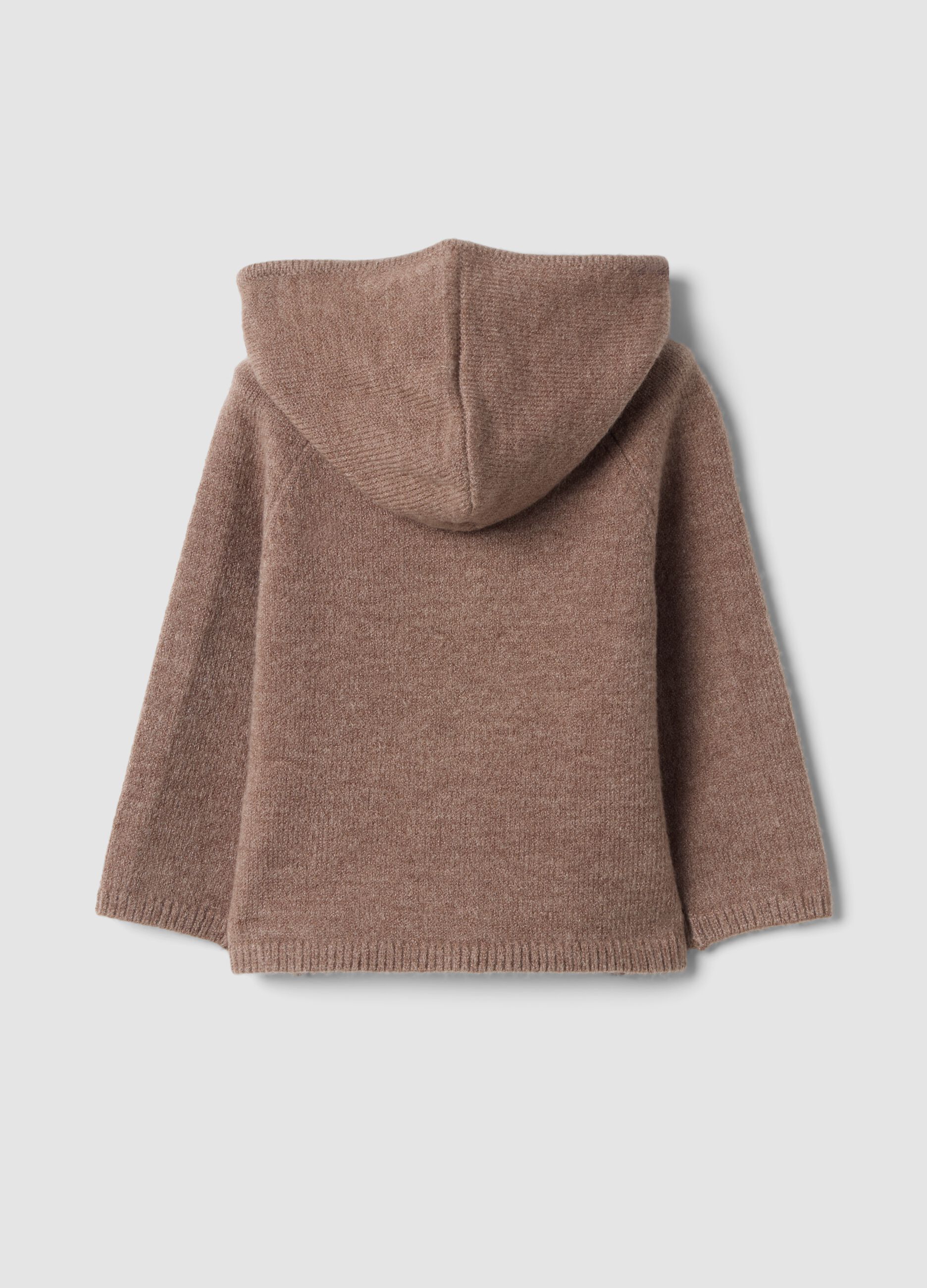 Cardigan marrone in maglia con girocollo e cappuccio