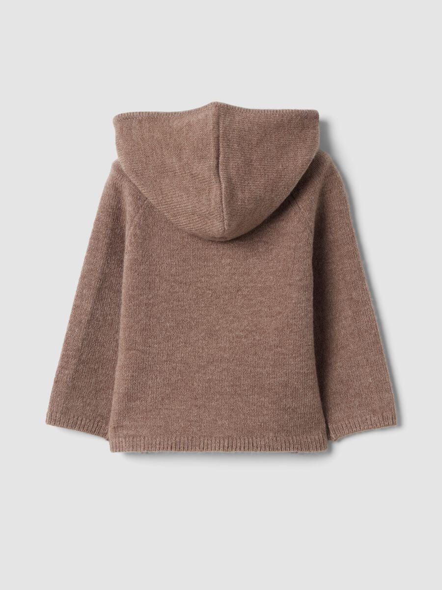Cardigan marrone in maglia con girocollo e cappuccio_1