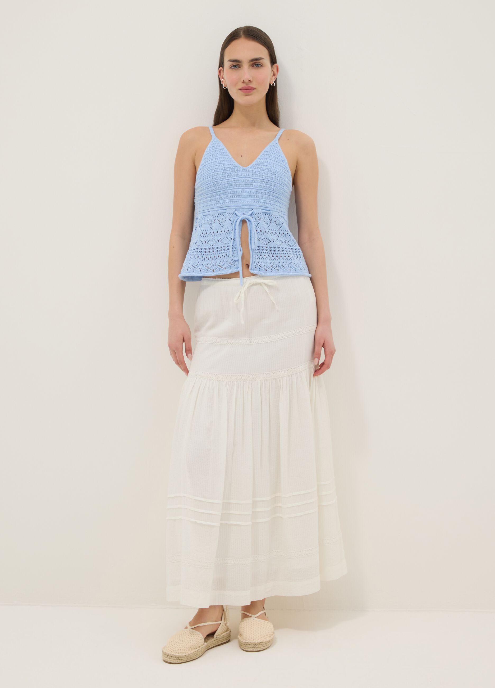 Top in crochet di puro cotone azzurro regular fit