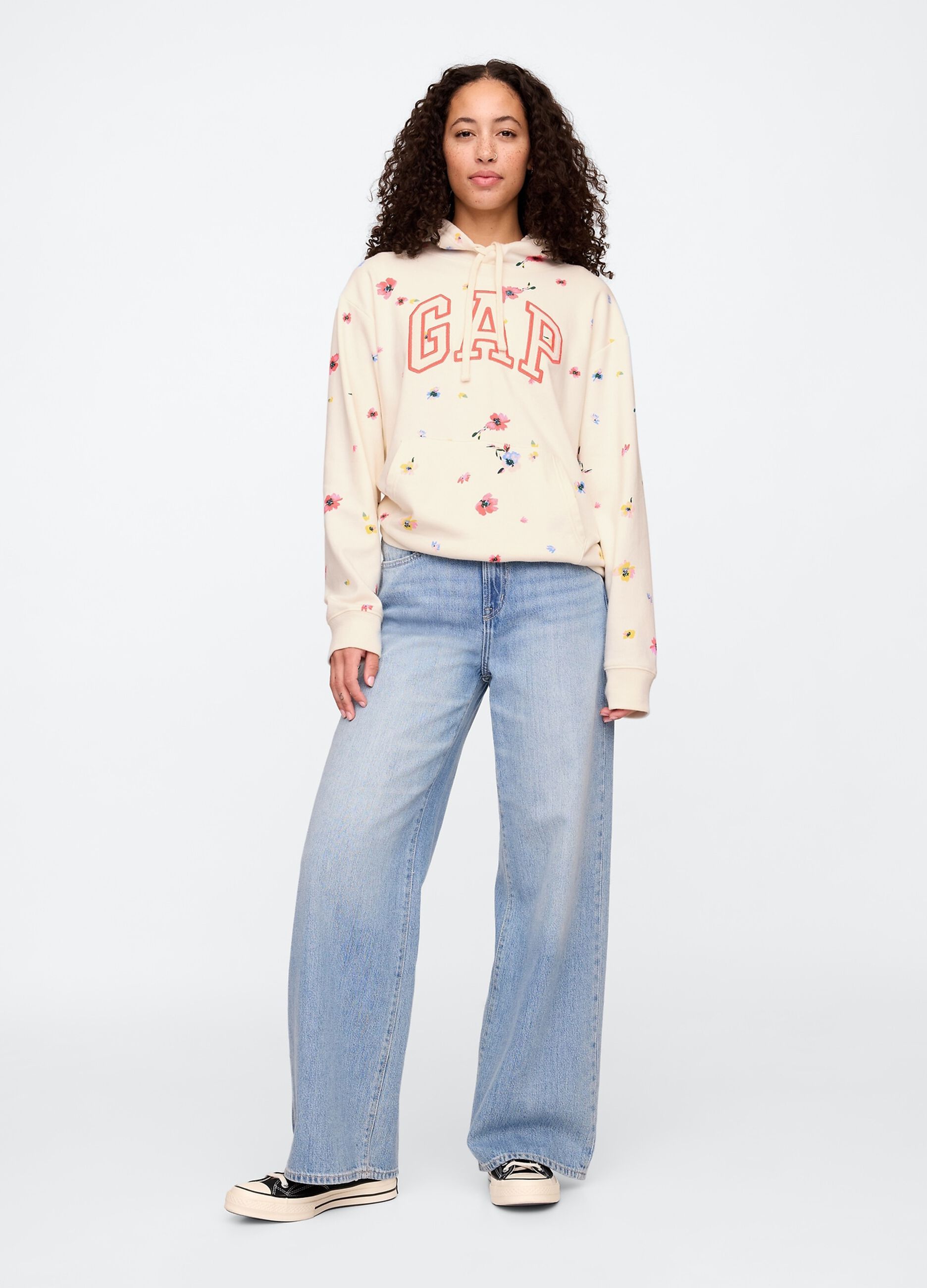Beige Hooded Sweatshirt with Flowers and Gap Logo