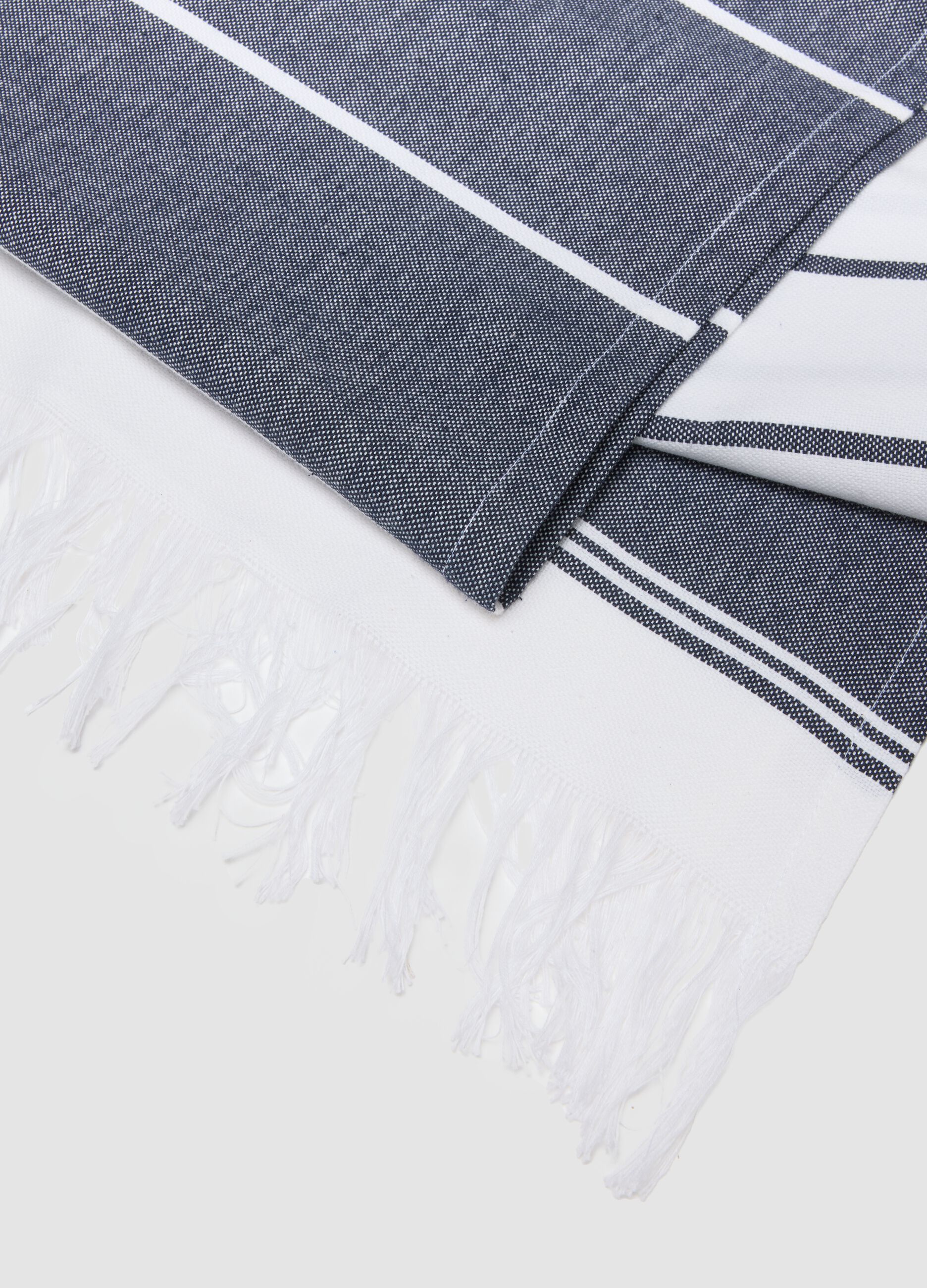Blue and white pure cotton beach towel with fringes