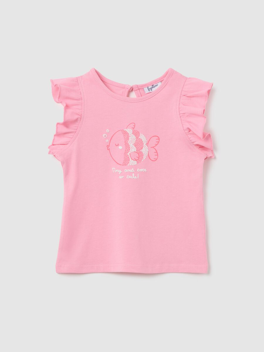 Pink tank top in cotton with print and flounce_0