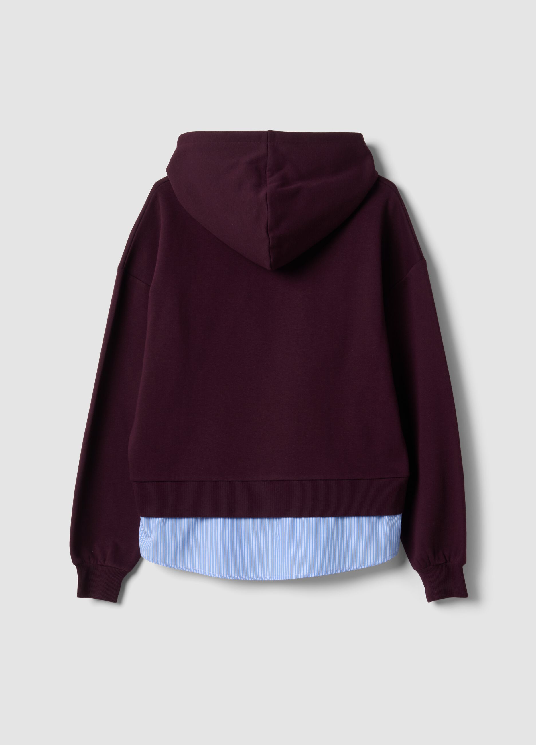 Purple cotton-blend hoodie with faux shirt hem