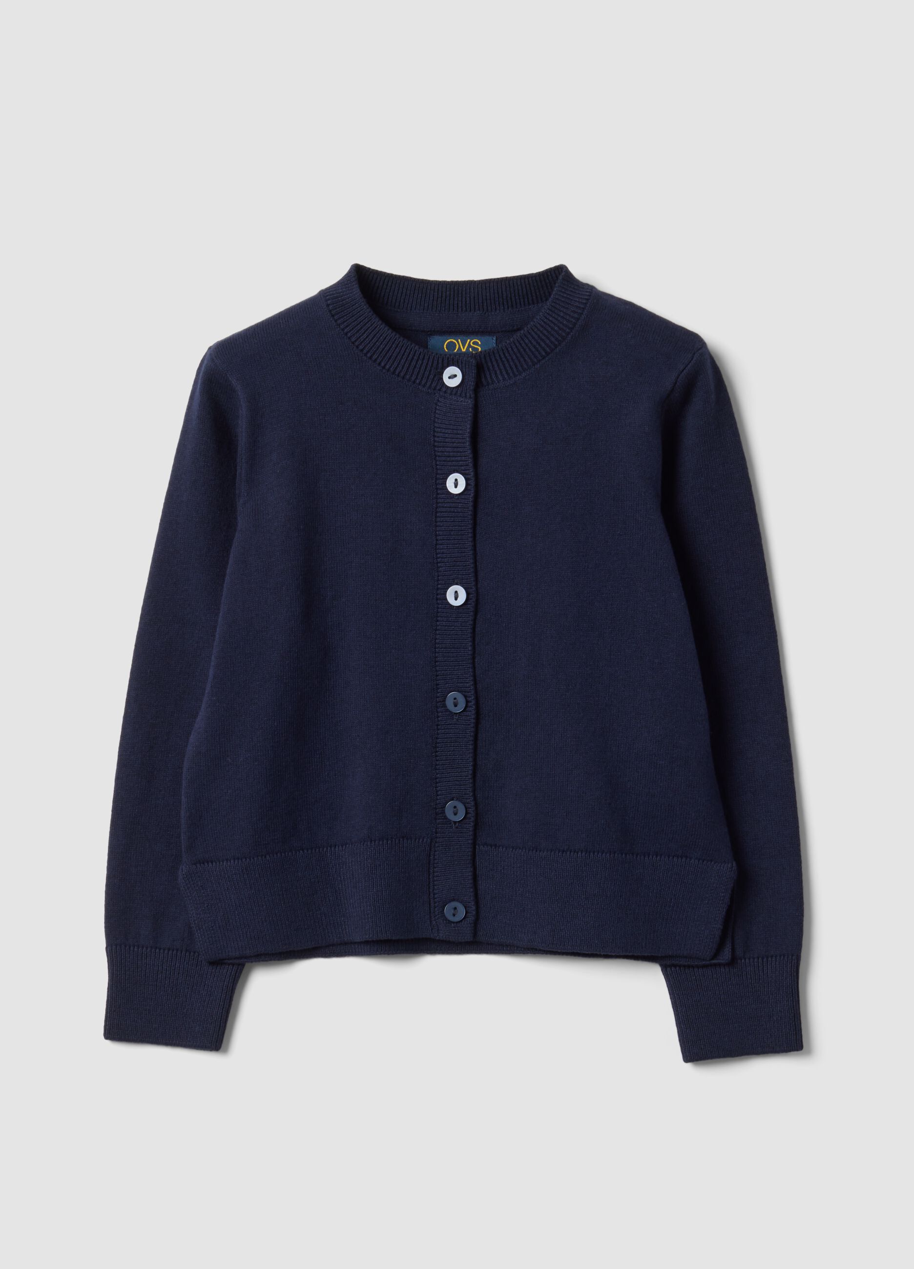 Blue cotton-blend crew-neck cardigan, regular fit, for girls