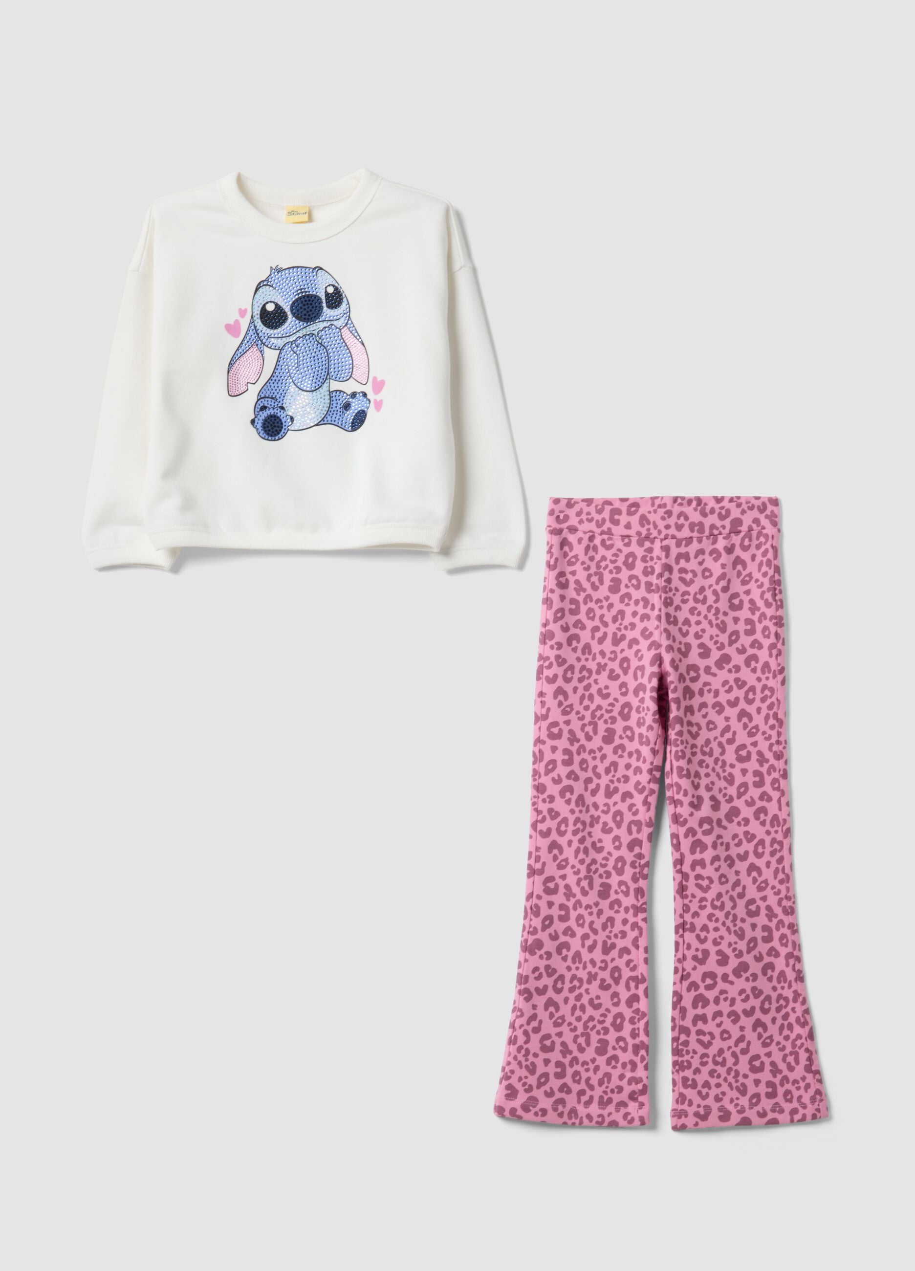 White and pink cotton-blend jogger set with Lilo & Stitch print for girls