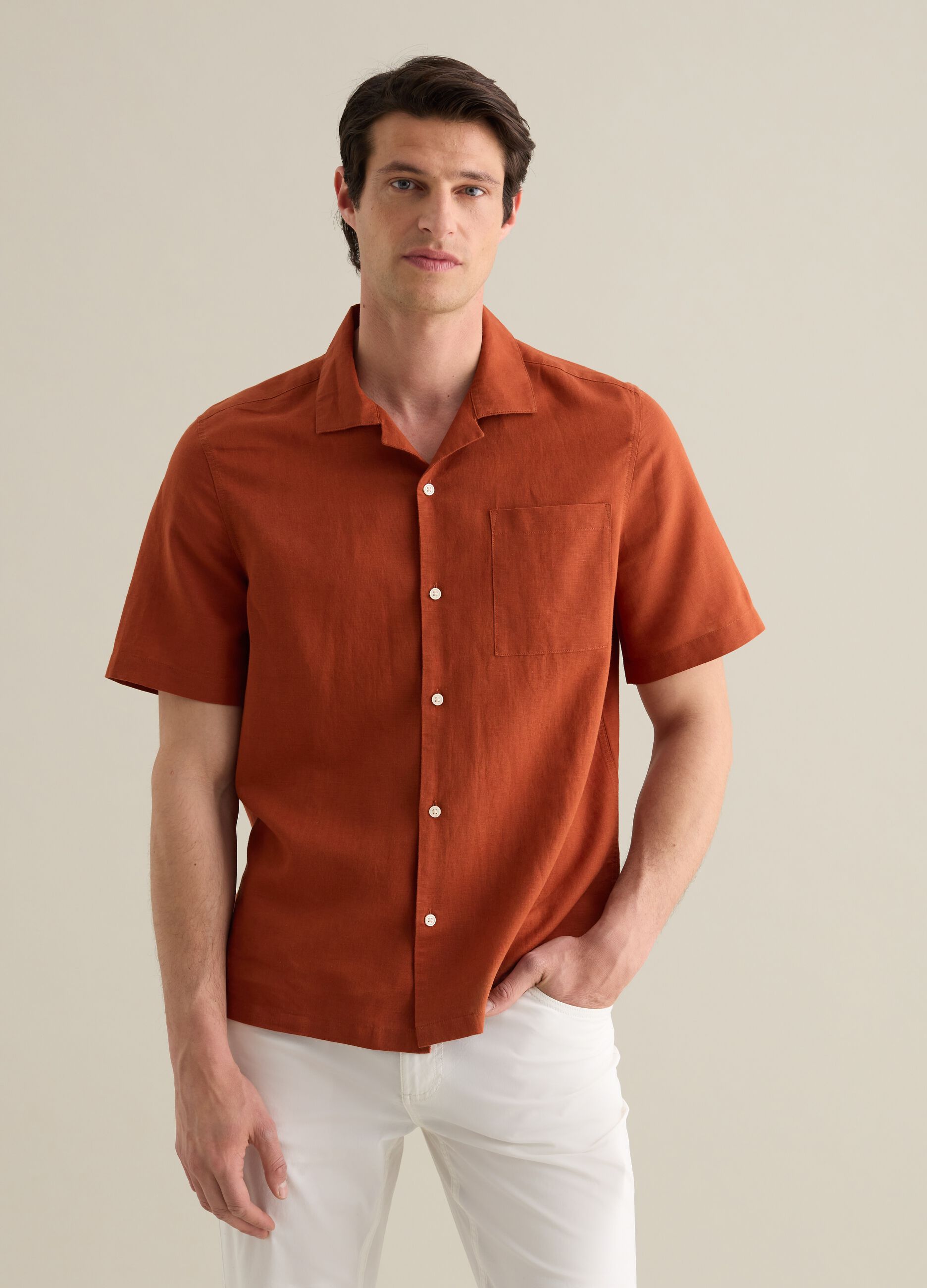 Orange Casual Shirt in Linen and Cotton Blend