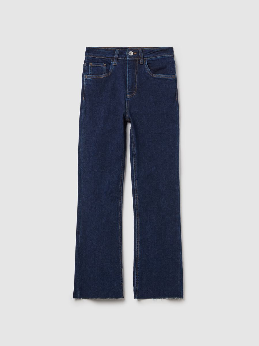 Cropped blue flare-fit jeans with raw edging_0