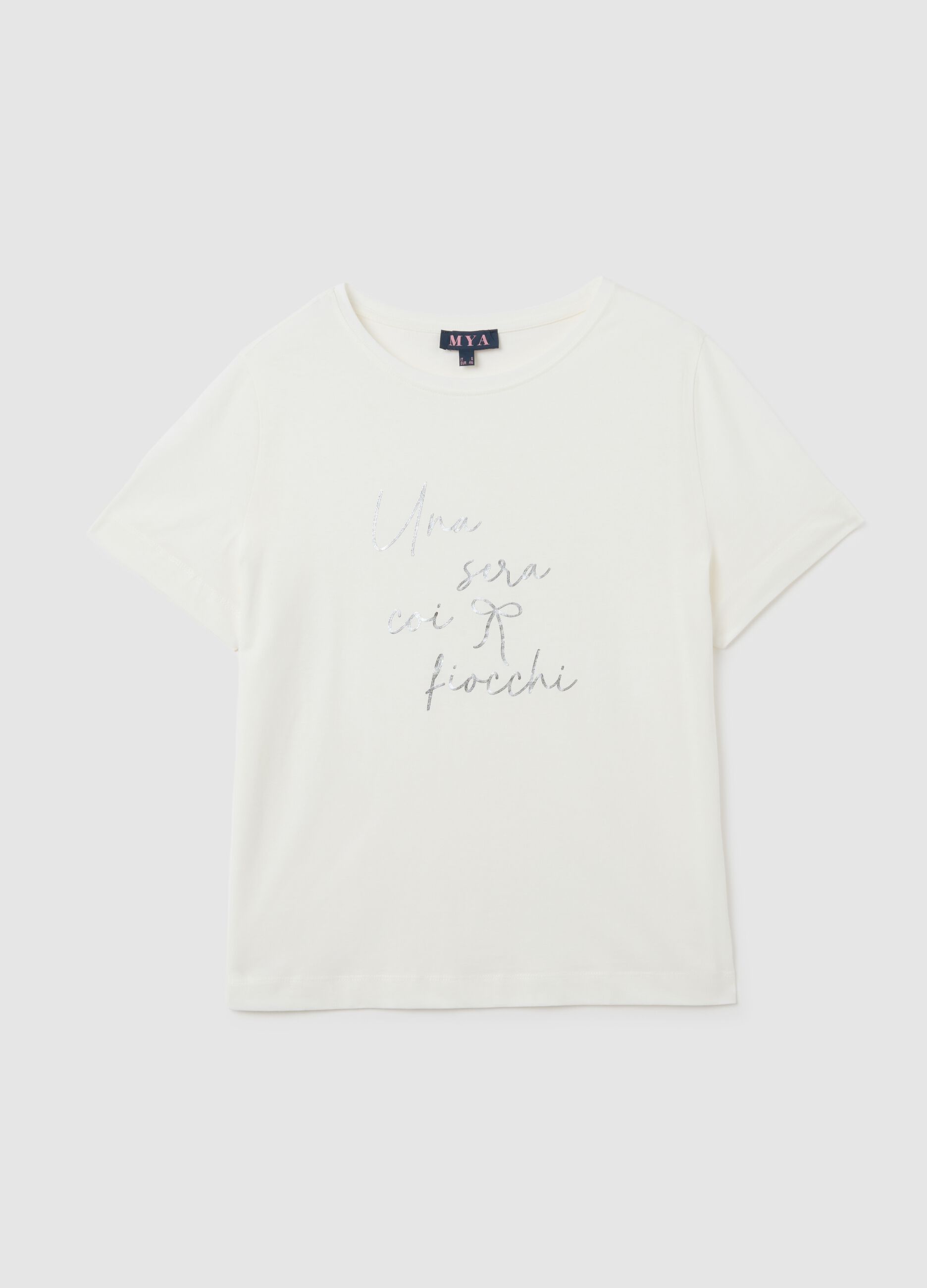 White pure cotton T-shirt regular fit with embroidered text