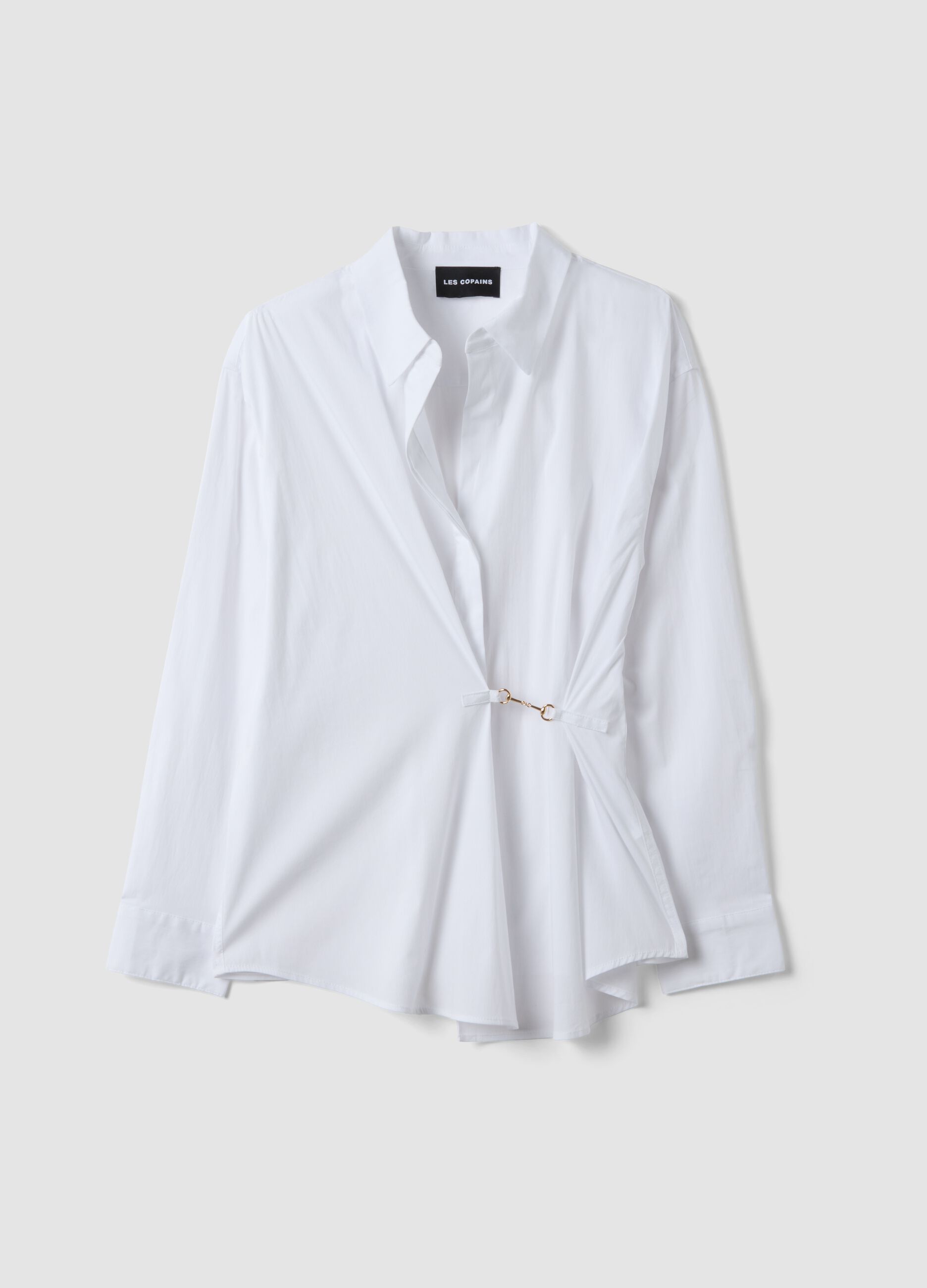 White stretch cotton poplin shirt with waist hook detail