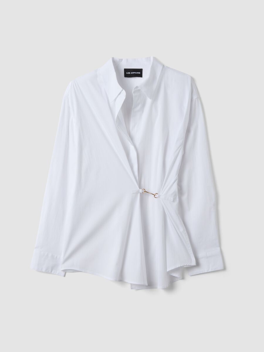 Camicia bianca in popeline di cotone elasticizzato con gancetto in vita_4