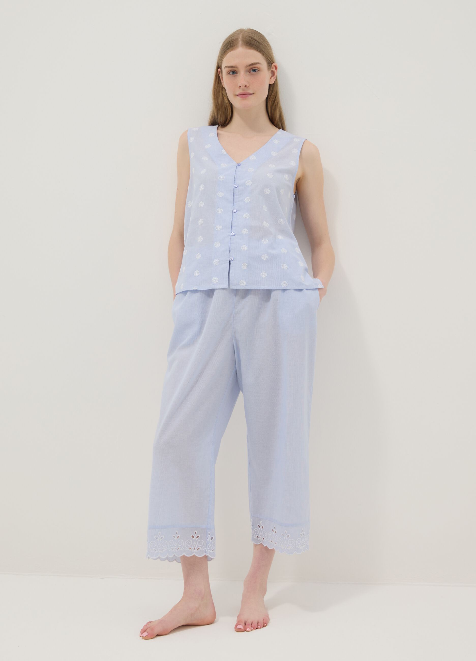 Light blue sleeveless pure cotton pyjama top with buttons