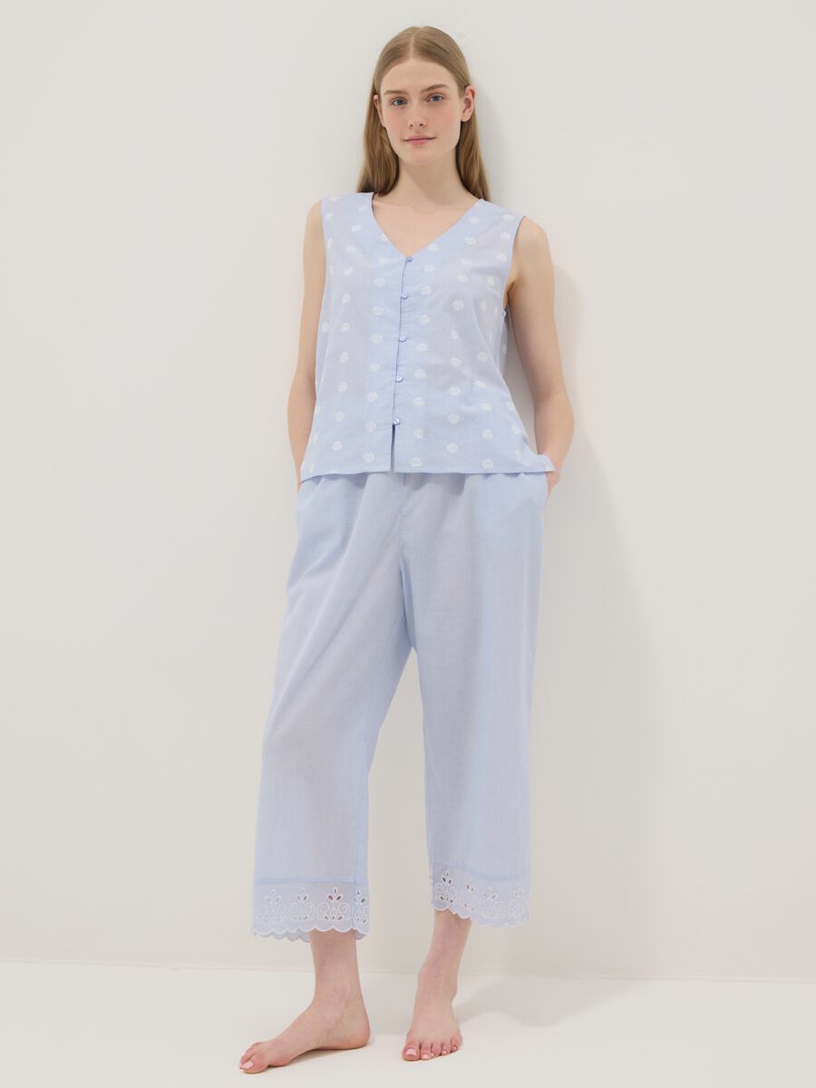Light blue sleeveless pure cotton pyjama top with buttons_0