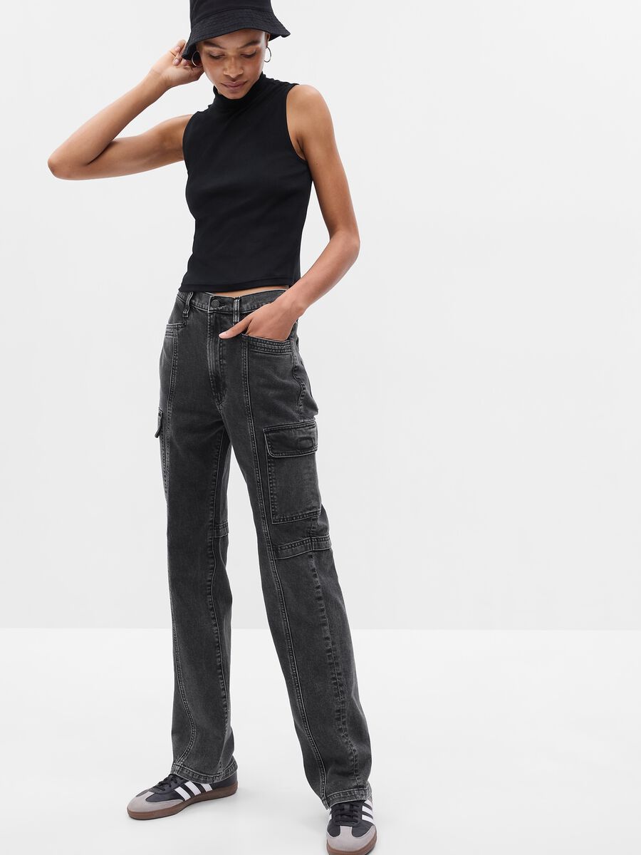 Jeans cargo loose fit a vita alta_0