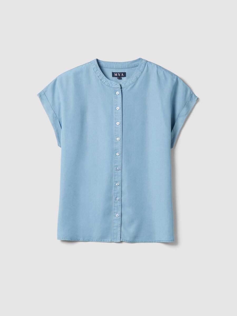 Camicetta in puro lyocell azzurro regular fit con collo alla coreana_4