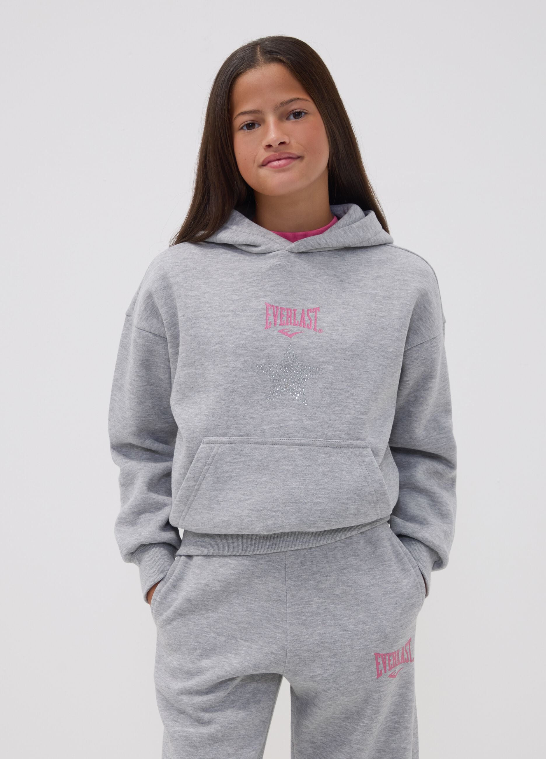 Grey cotton-blend hoodie for girls, regular fit