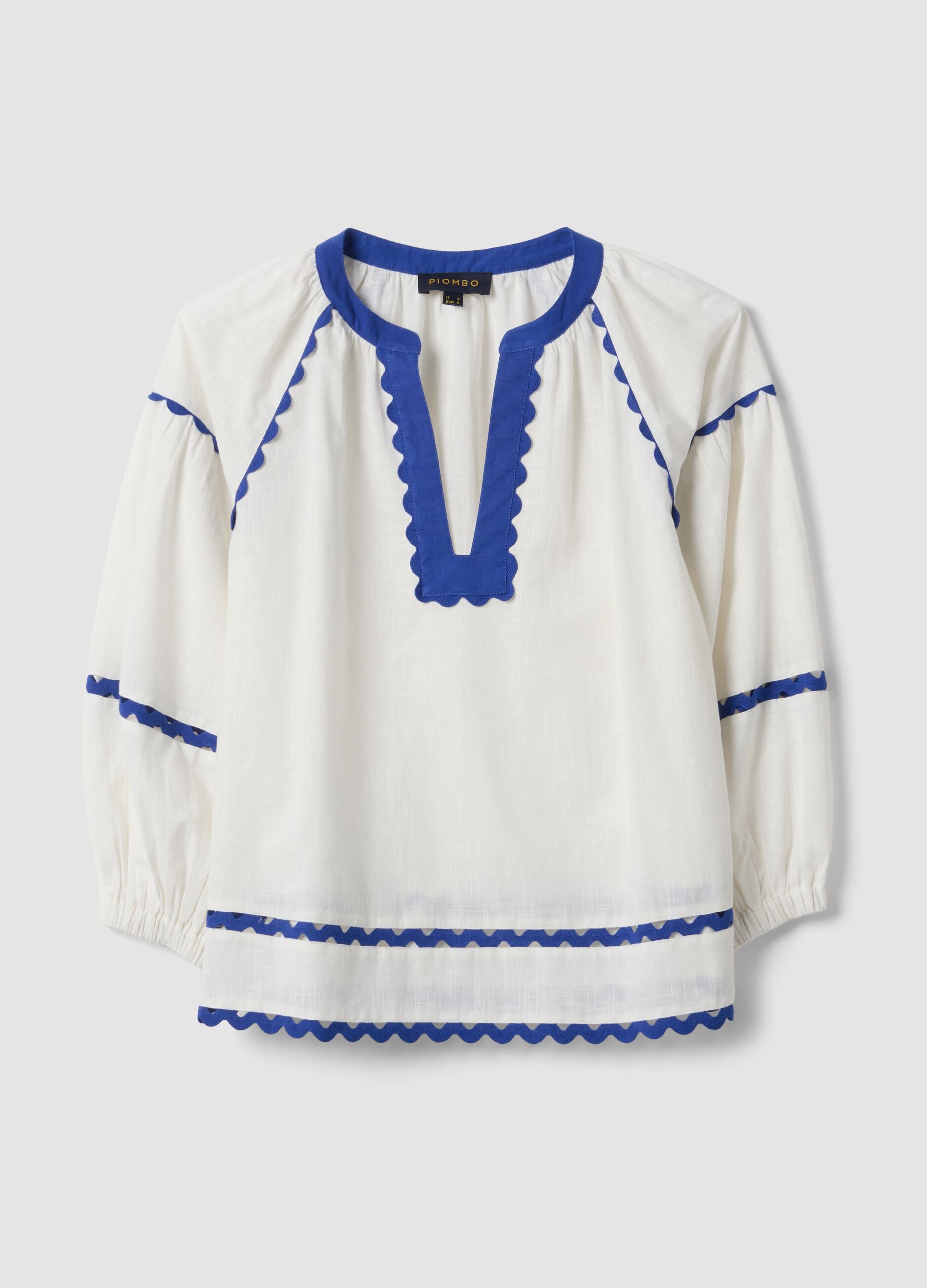 White pure cotton blouse with blue piping, regular fit