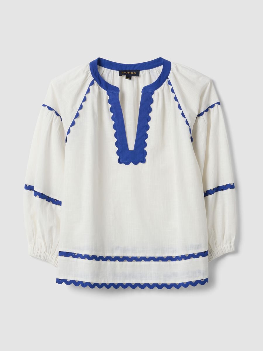 White pure cotton blouse with blue piping, regular fit_4