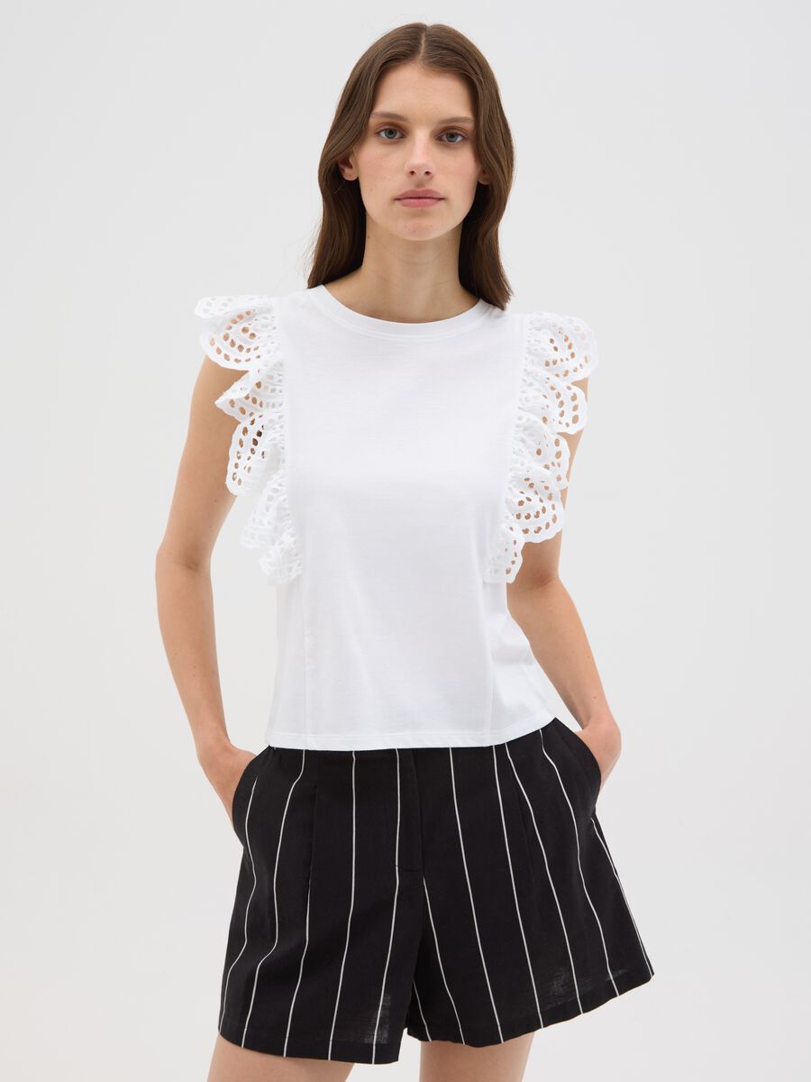 Top da donna in puro cotone bianco regular fit con pizzo_0