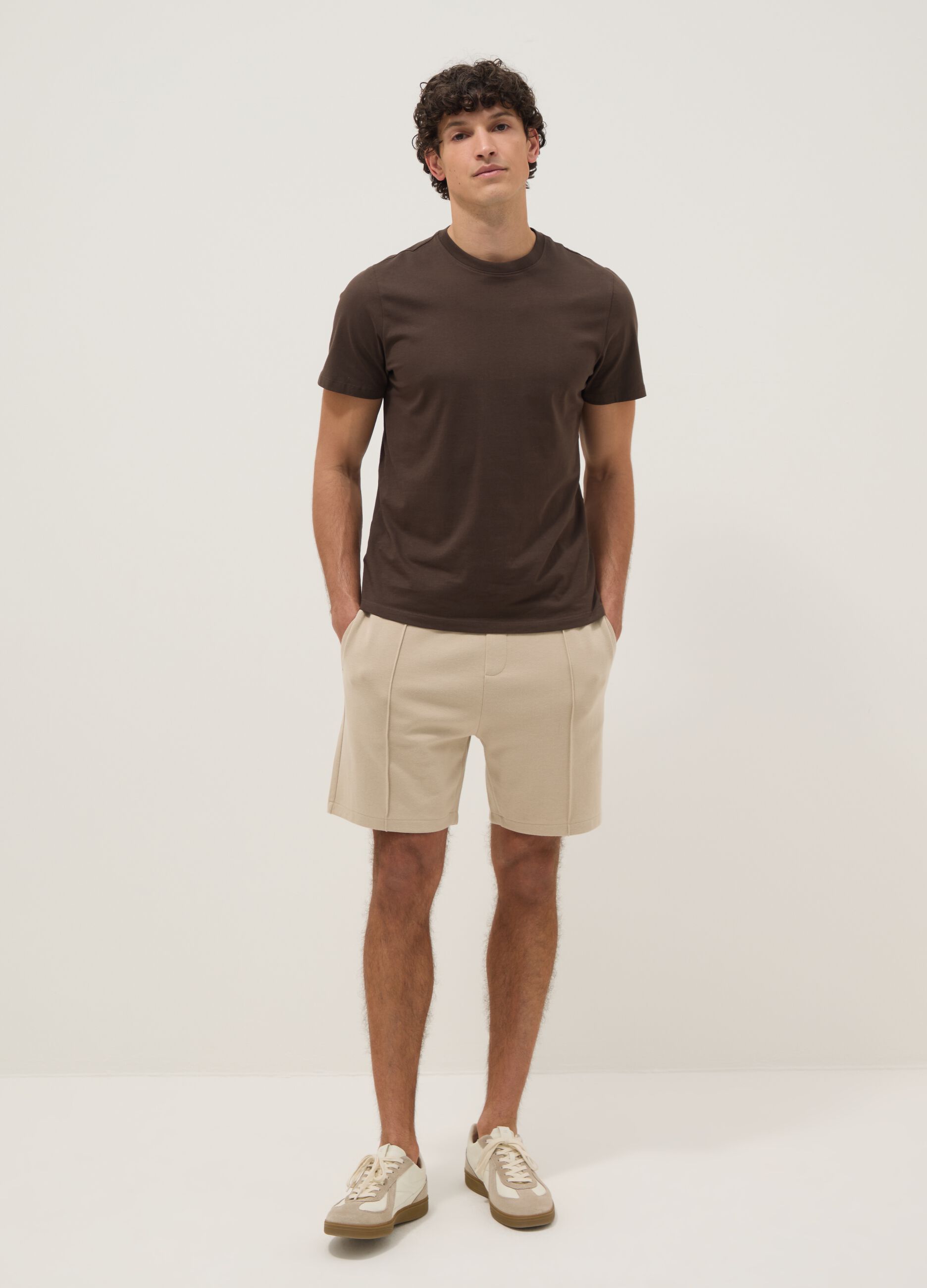 Beige cotton-blend regular-fit shorts with drawstring