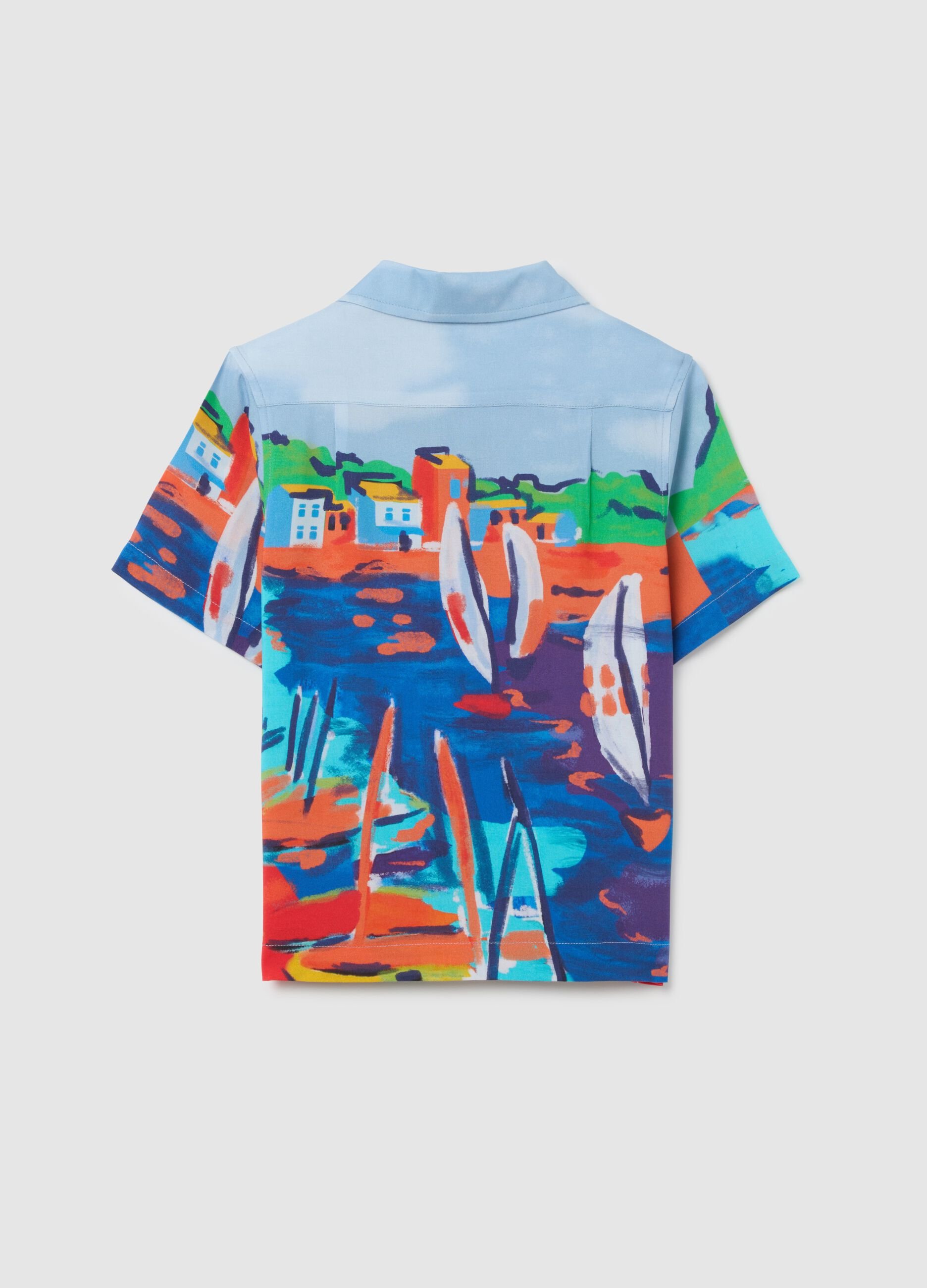 Multicolour pure viscose over fit boys' shirt with marine landscape print