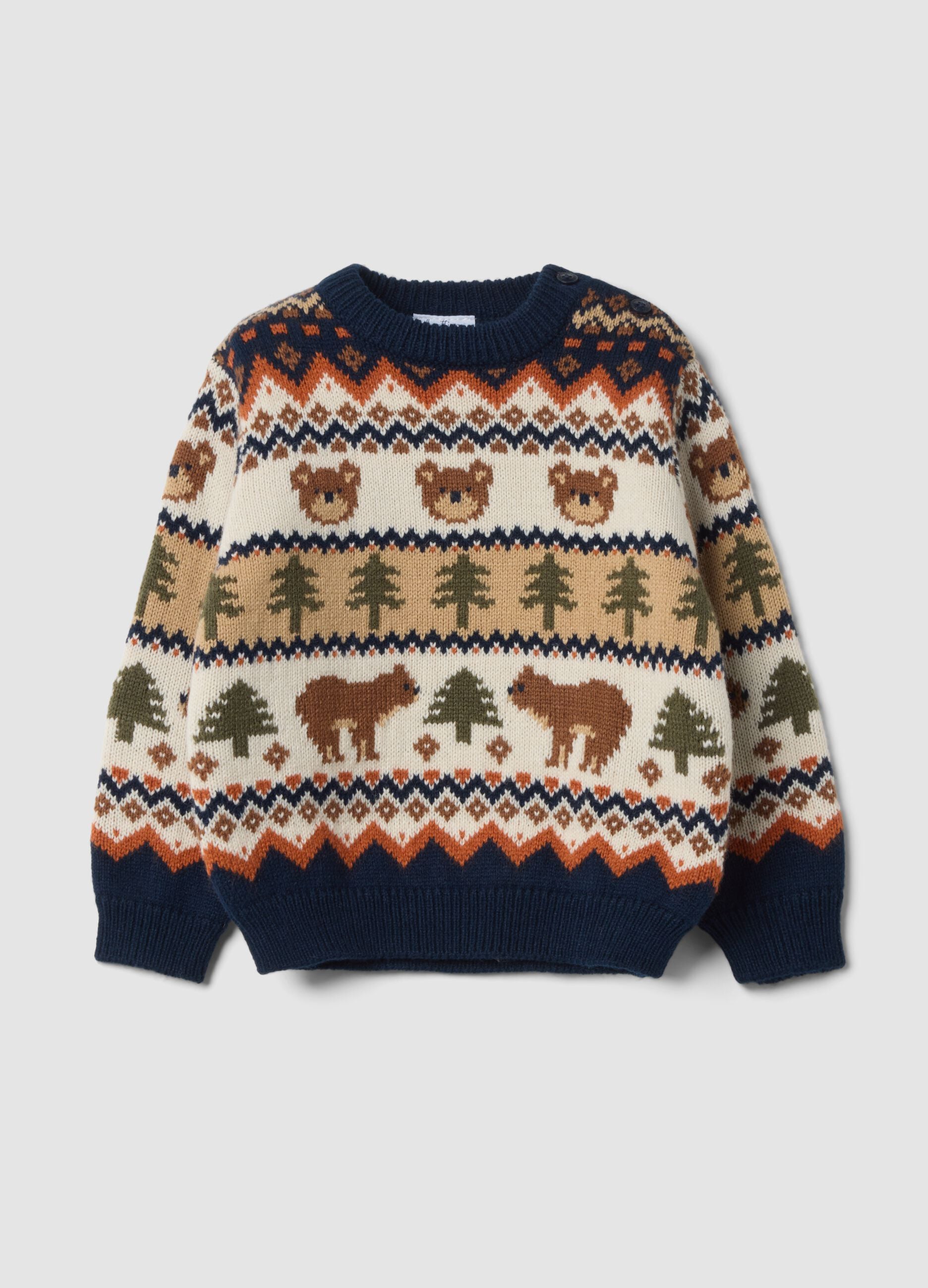 Navy and ivory jacquard wool-blend crew-neck jumper