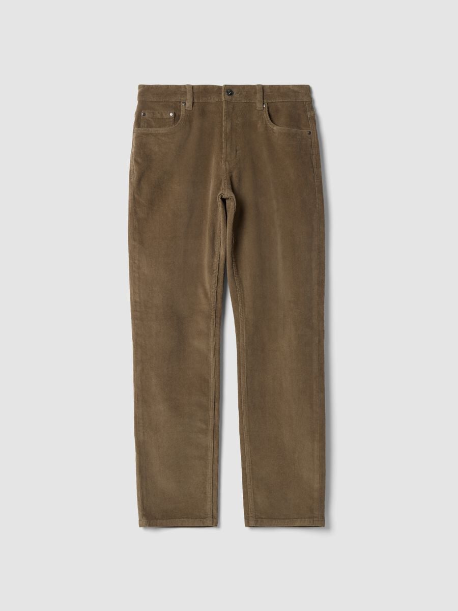Brown regular-fit ribbed stretch cotton trousers_0