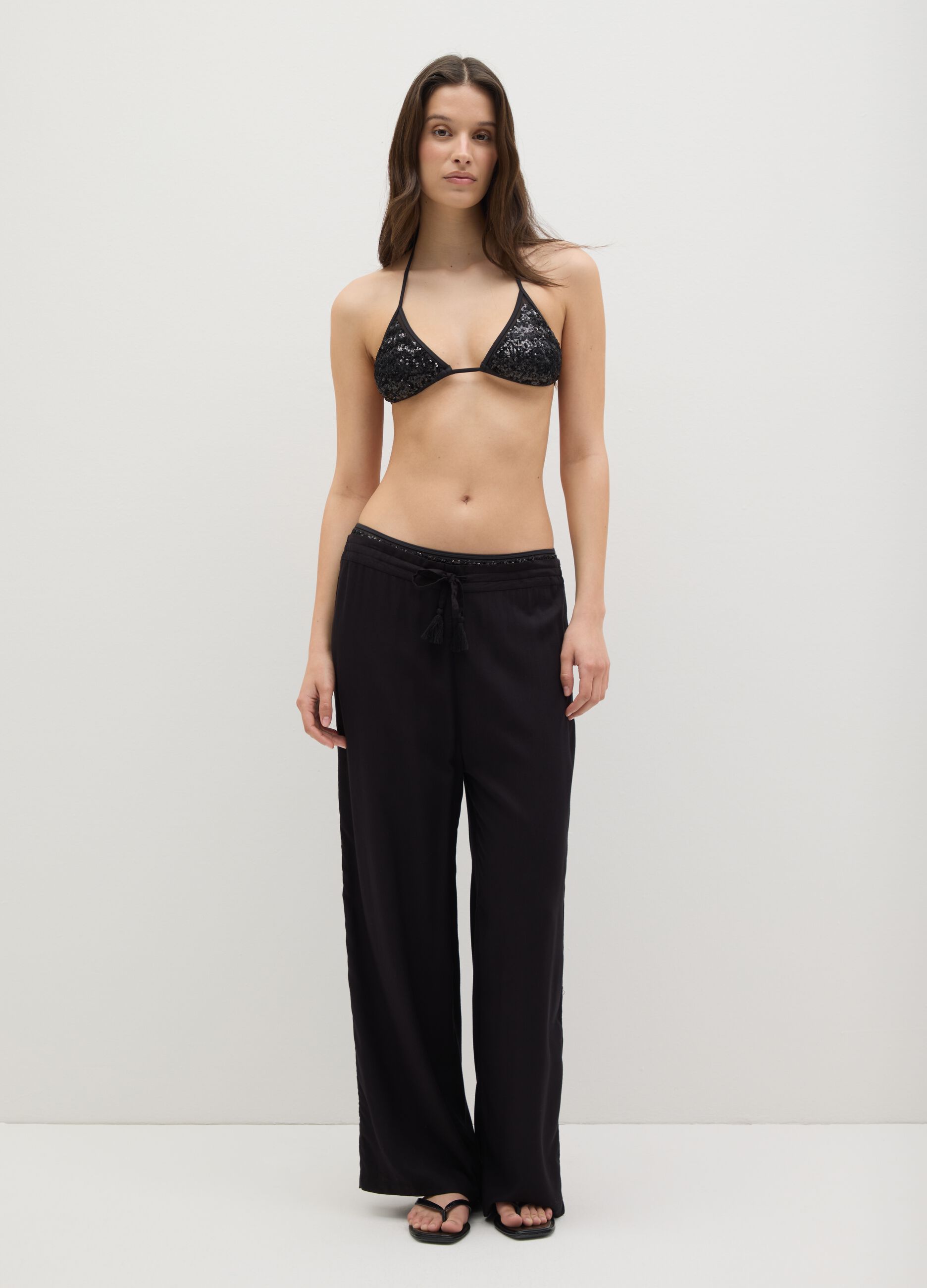 Long black beach cover-up trousers with drawstring