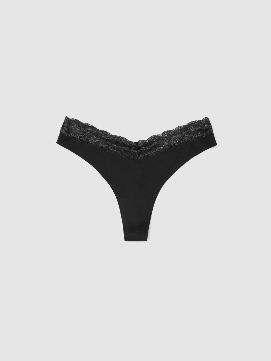 Black thong in stretch fabric with lace details_4