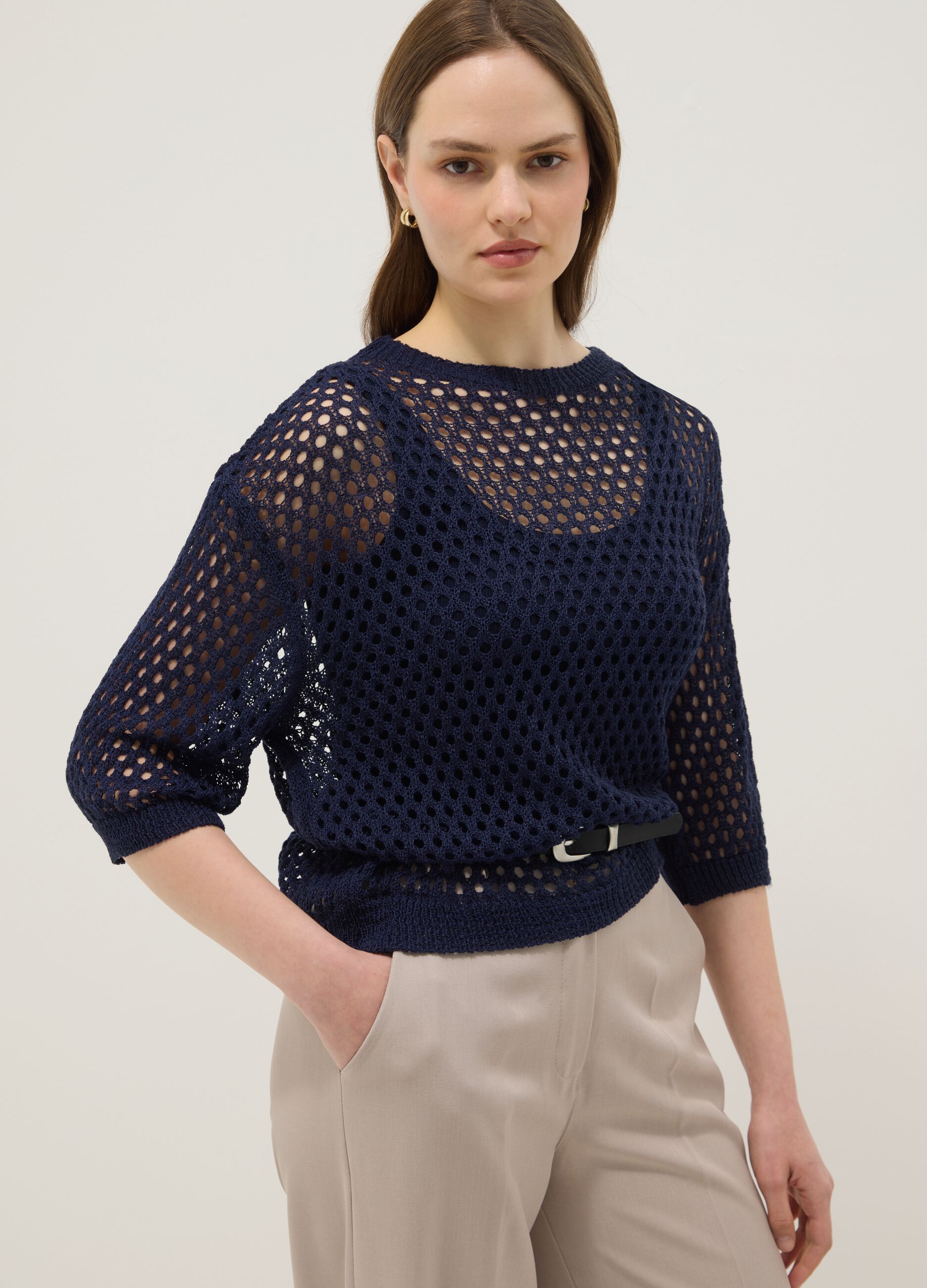Blue open-knit three-quarter sleeve top