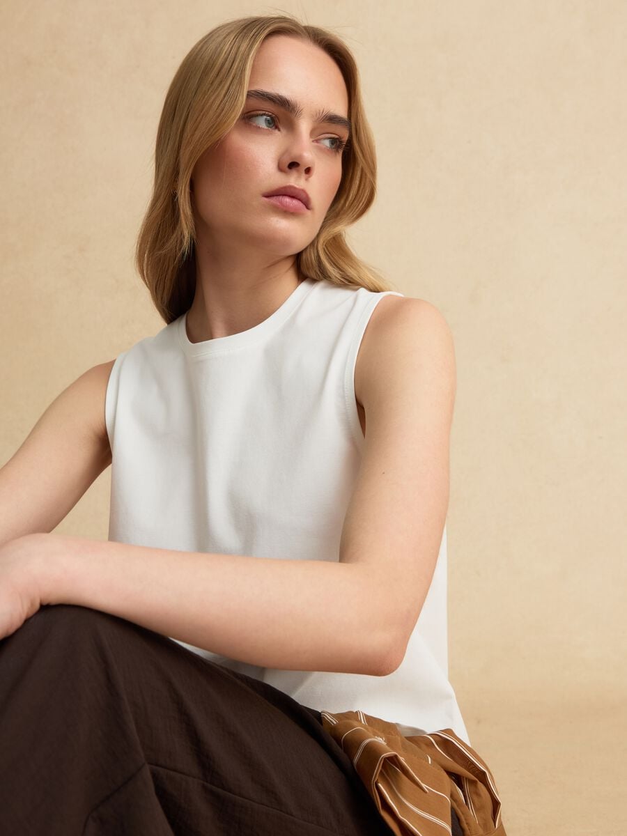 White cotton-blend tank top_0
