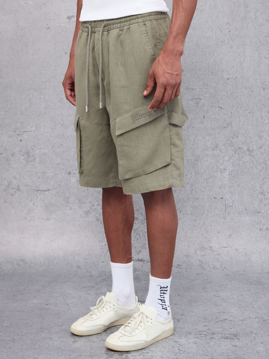 100% Linen Cargo Shorts Military Green_4