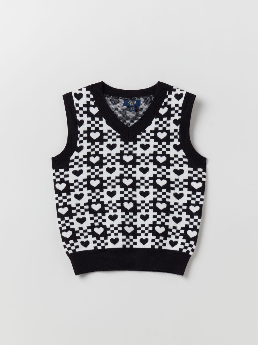 Gilet chiuso a scacchi jacquard con cuori_0