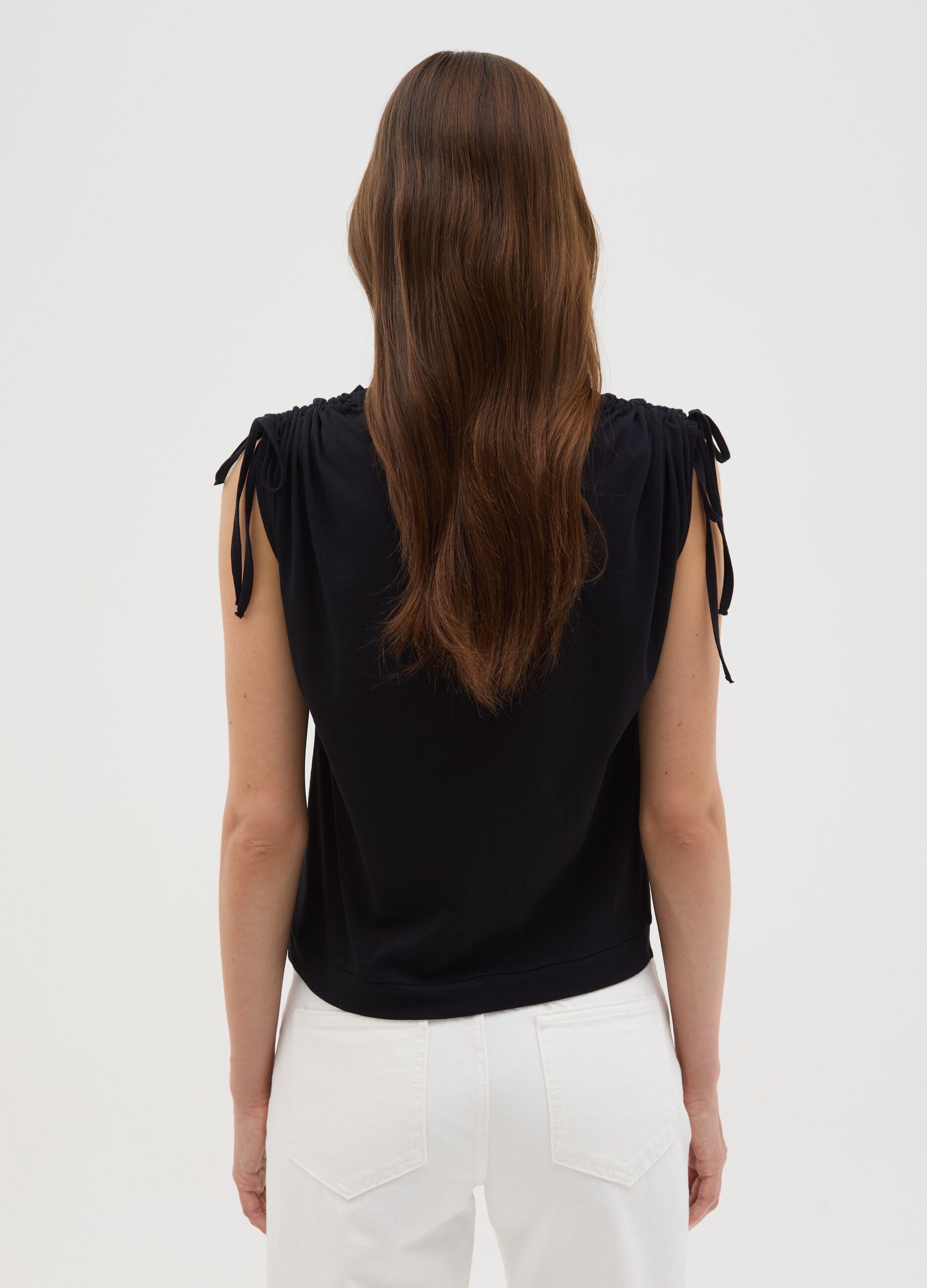 Women's black pure cotton regular fit T-shirt with drawstrings