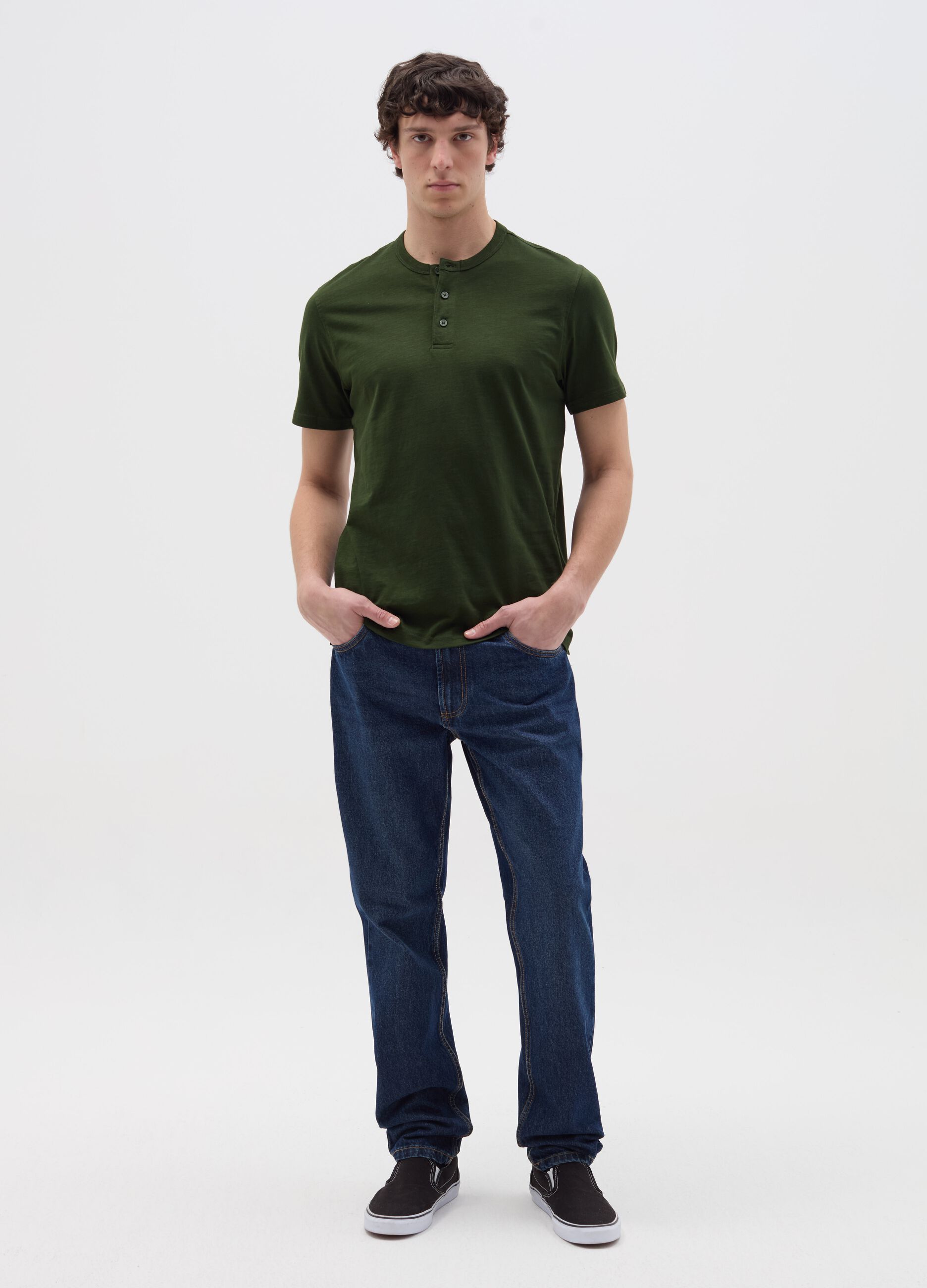 Cotton T-shirt with granddad neckline