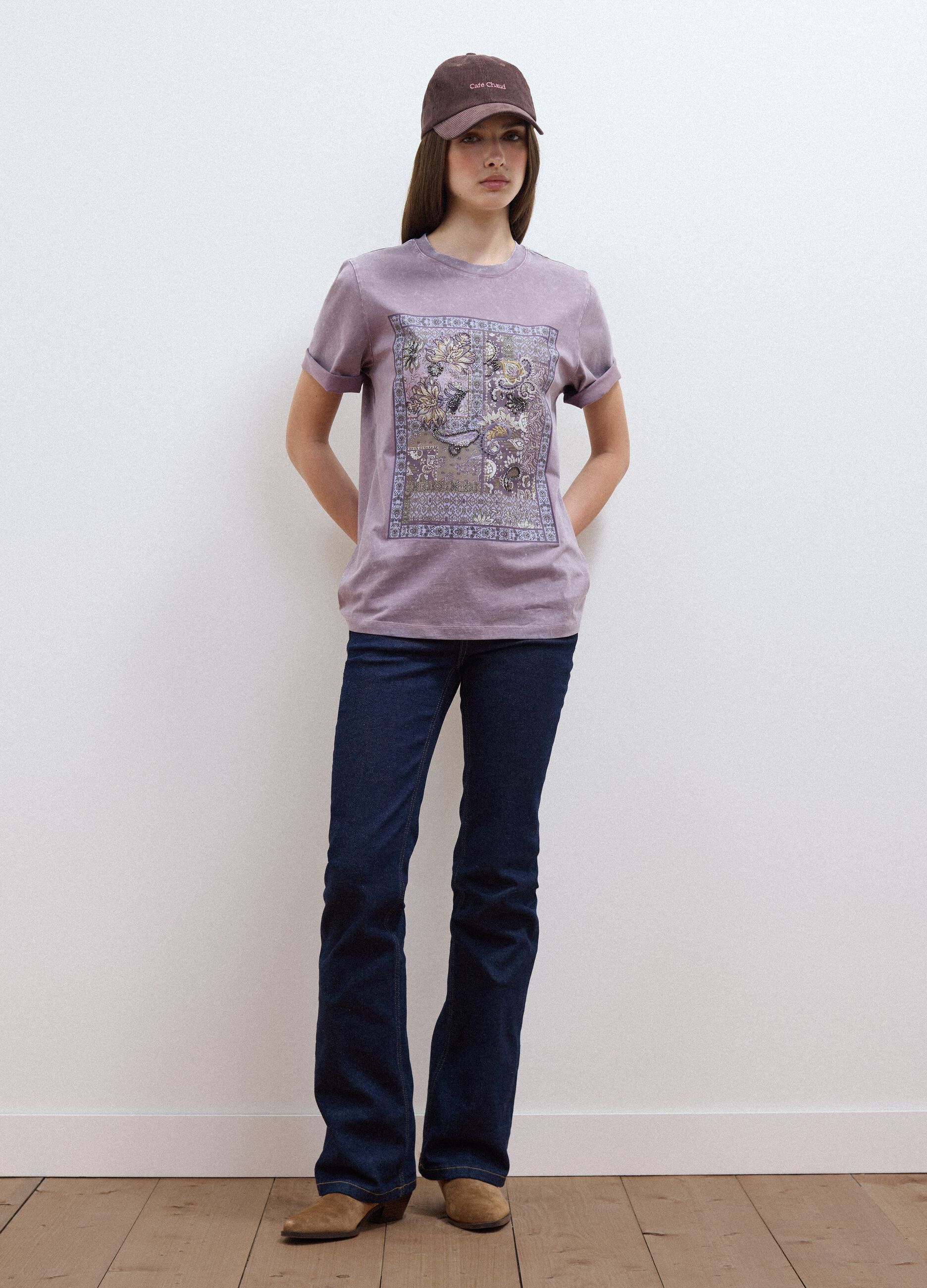 Purple pure cotton T-shirt with floral print, relaxed fit