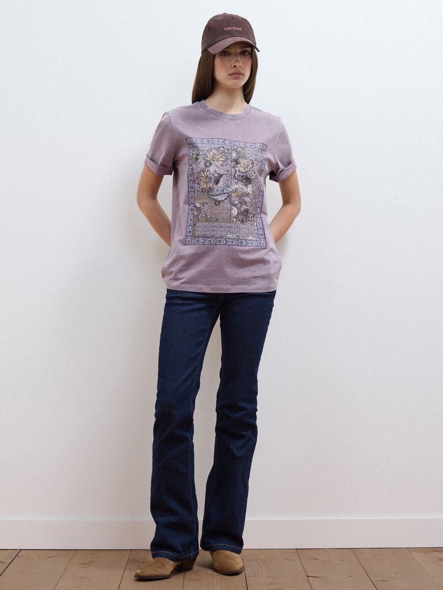 Purple pure cotton T-shirt with floral print, relaxed fit_1