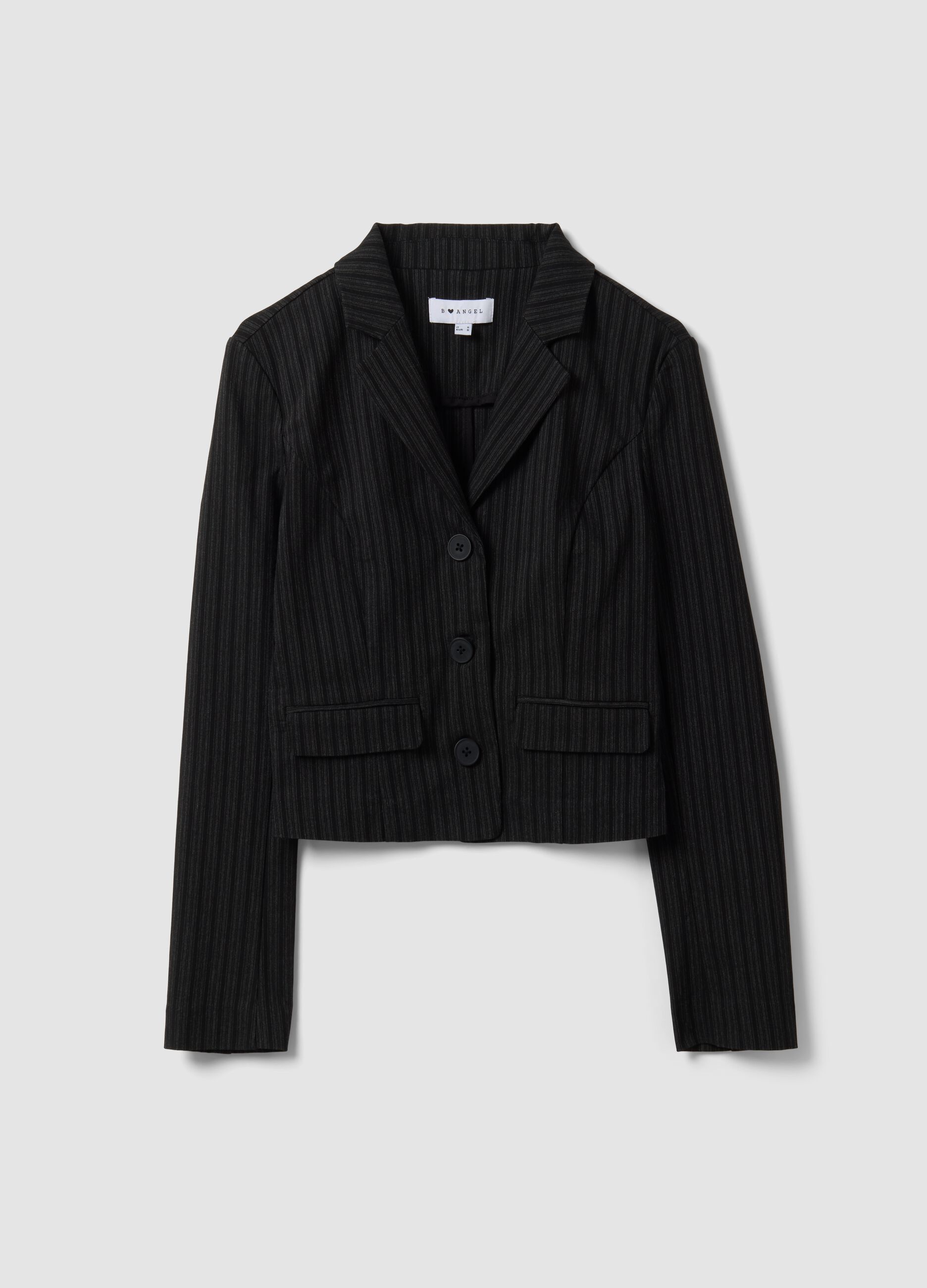 Black cropped stretch-viscose blazer with classic lapels, slim fit