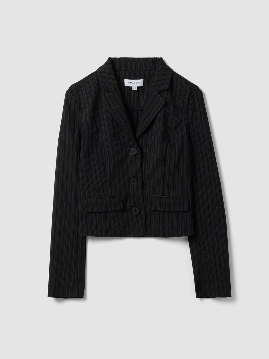 Blazer nero cropped in viscosa elasticizzata con rever classici slim fit_4