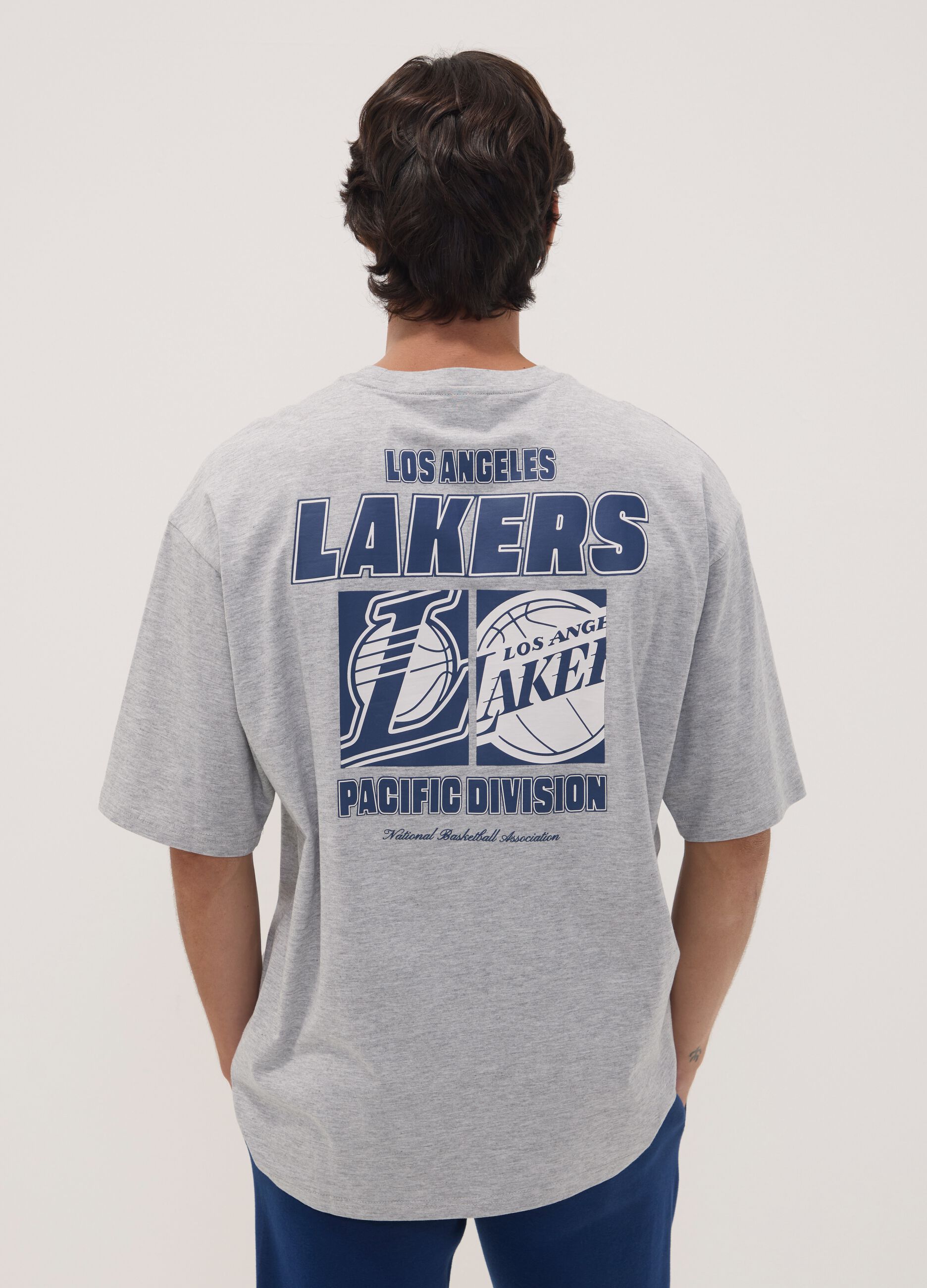 T-shirt grigia in puro cotone con stampa Lakers