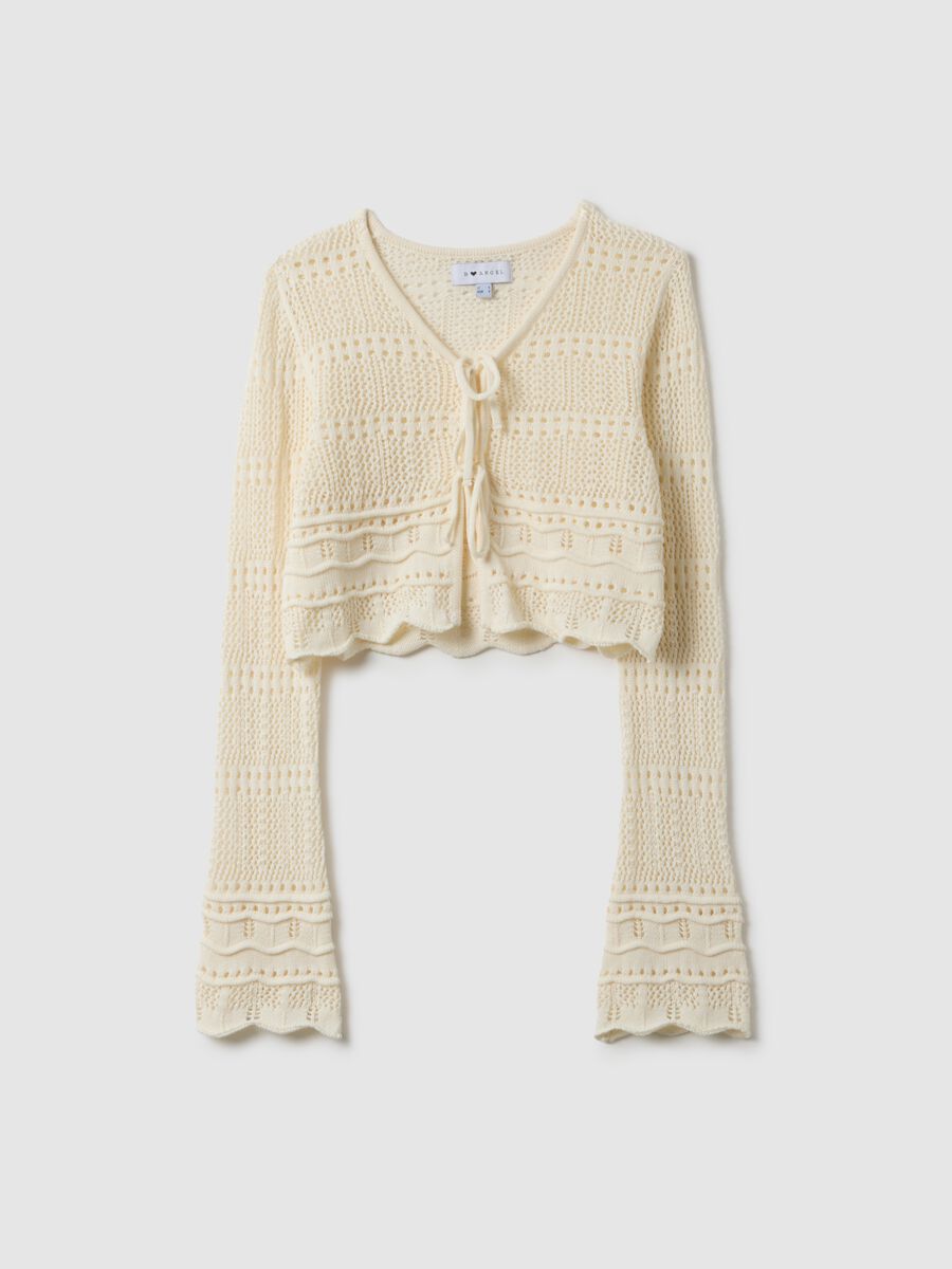 Cardigan in puro cotone bianco regular fit lavorato a maglia deep V_4