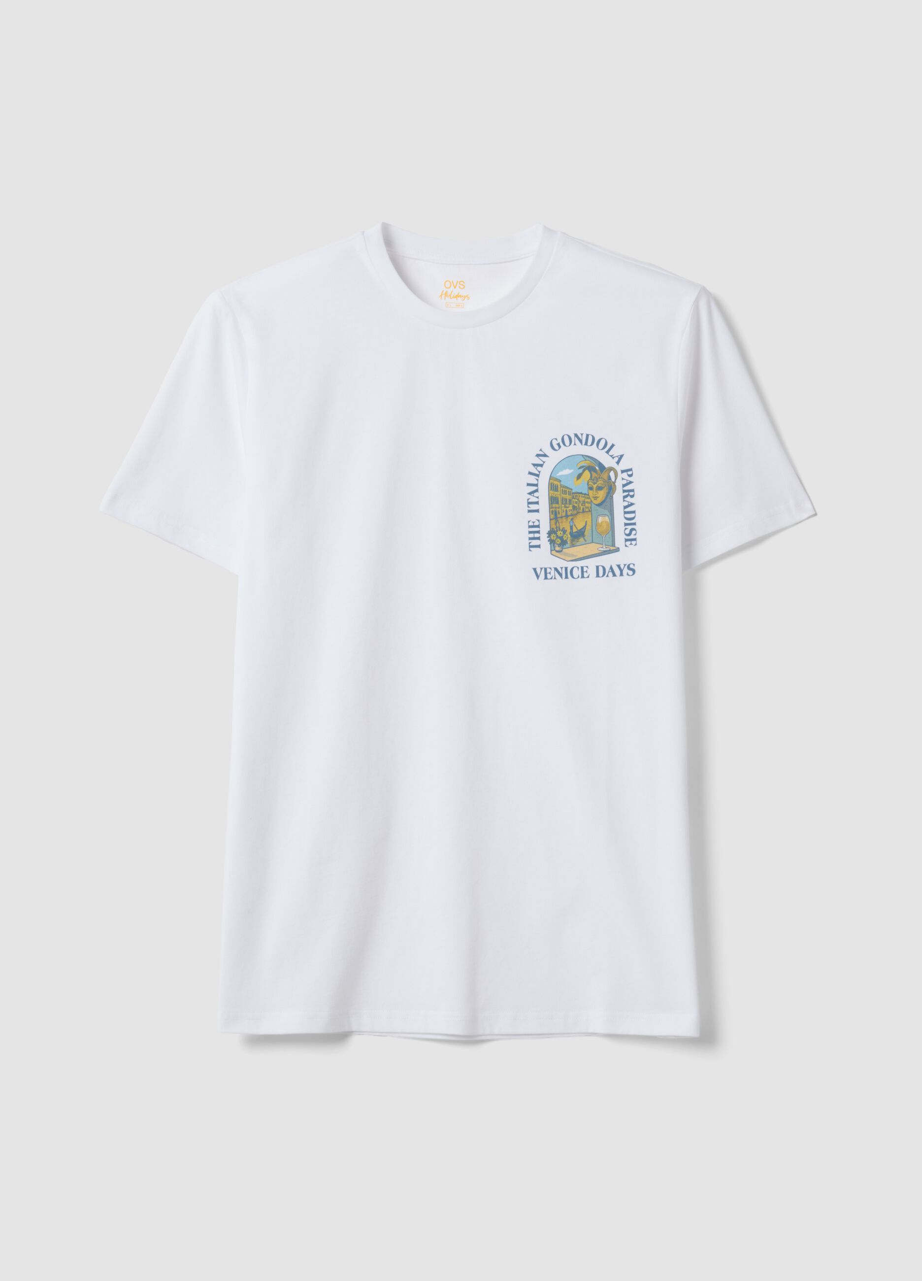 White pure cotton T-shirt with chest print, regular fit